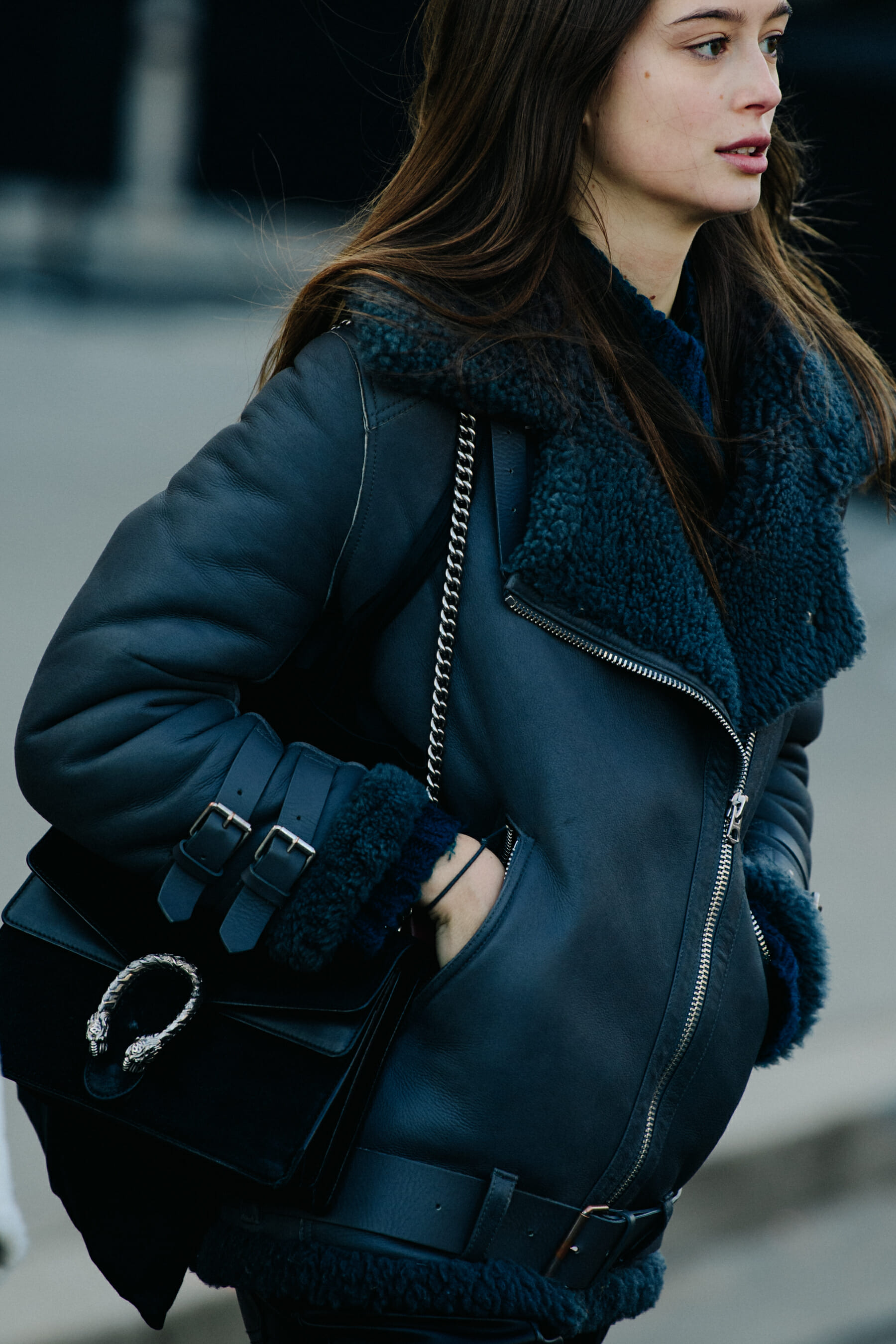 Italian model wearing black leather jacket