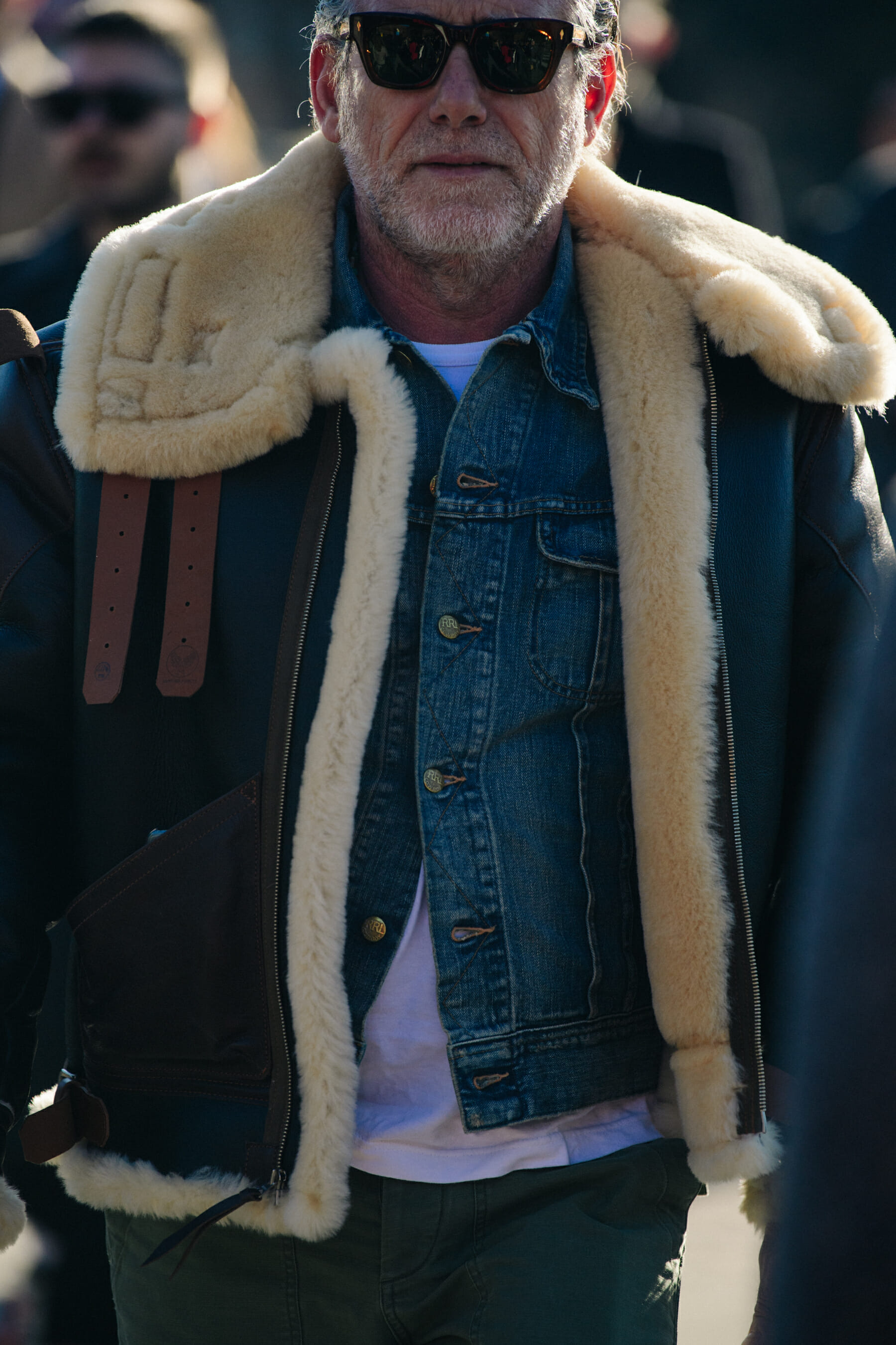 Man wearing heavy shearling jacket
