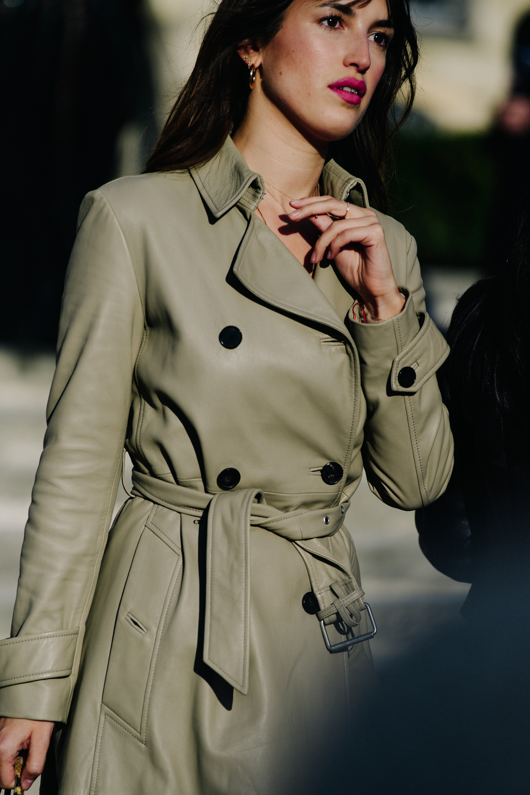 Woman wearing leather coat