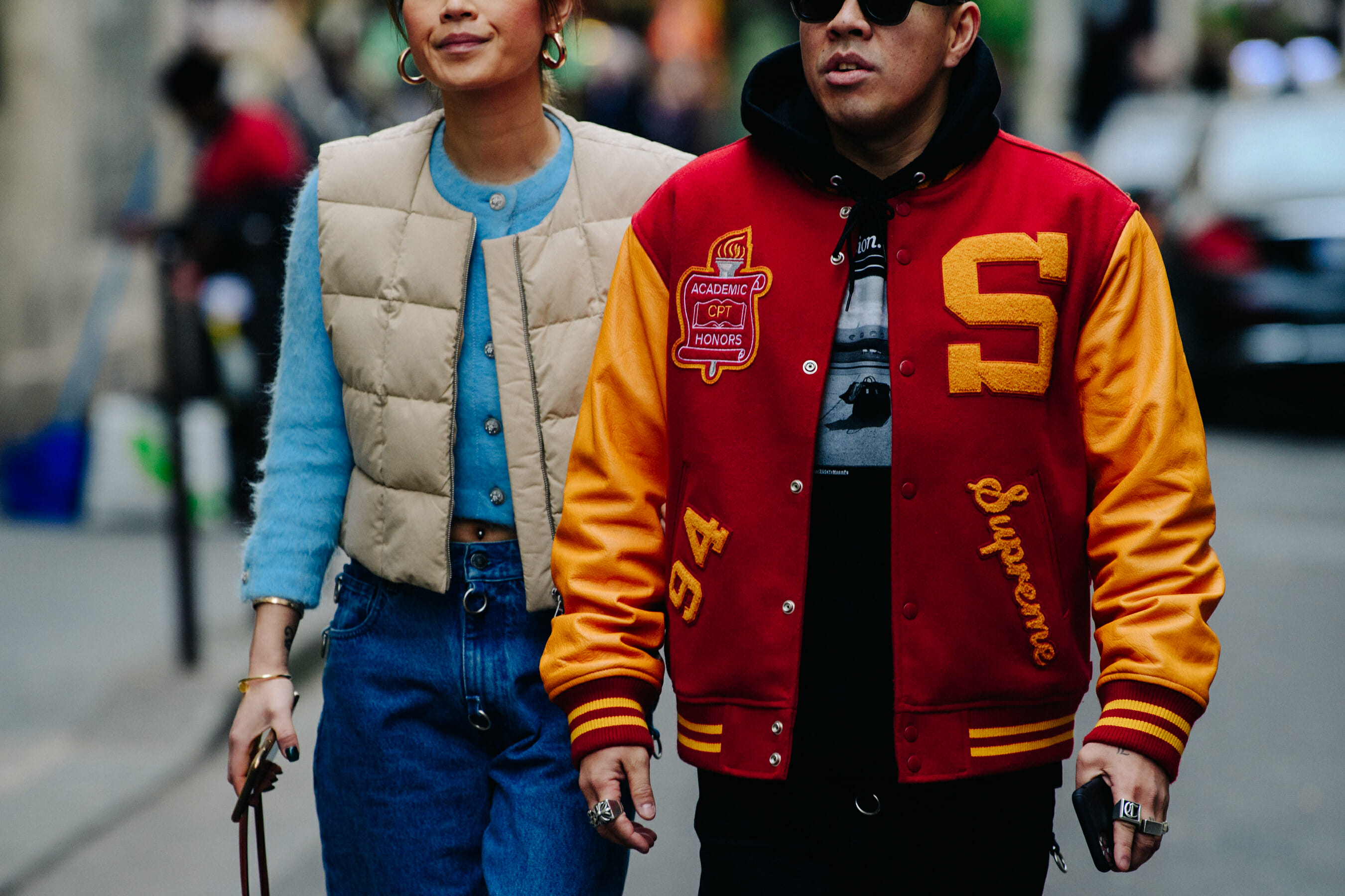 Couple wearing blue and red