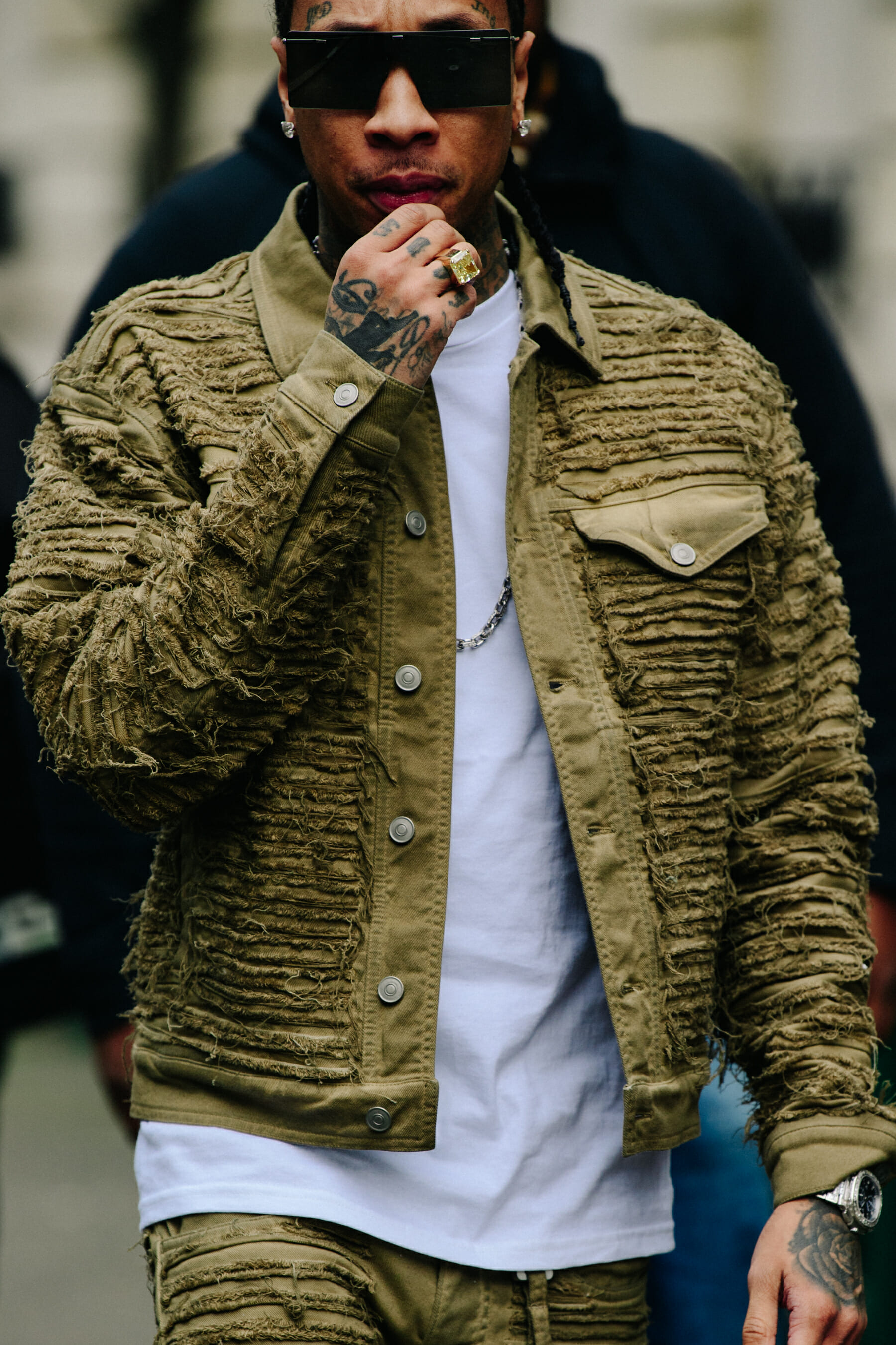 Musician wearing green denim