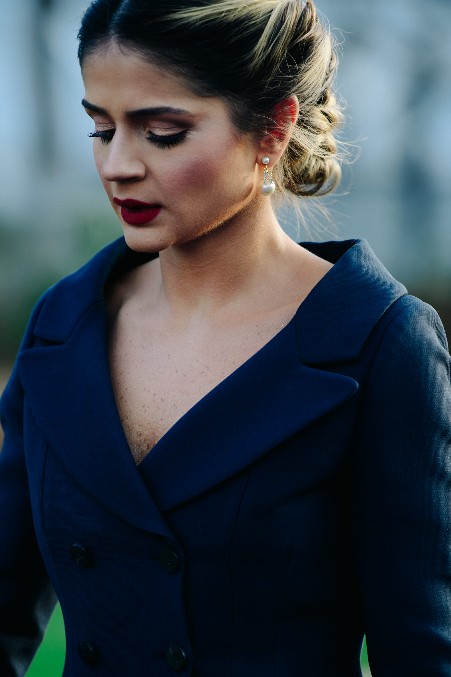 Woman wearing blue coat