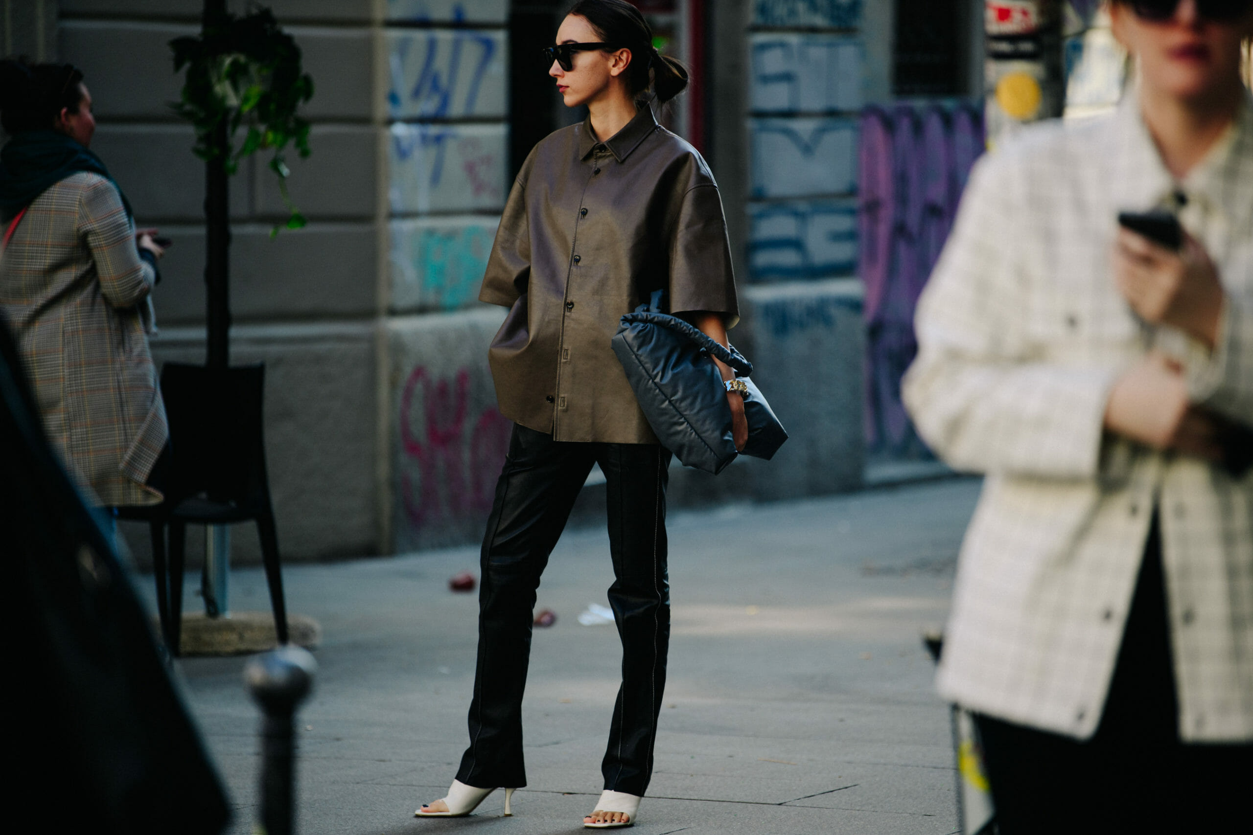 Woman wearing leather shirt