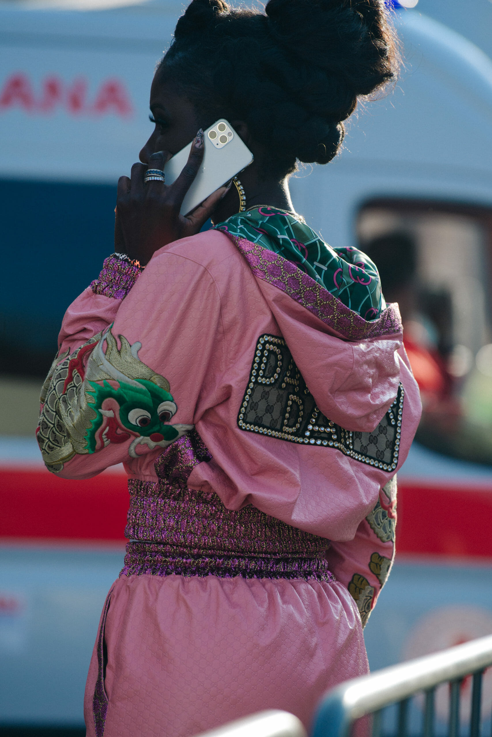 Woman wearing pink tracksuit