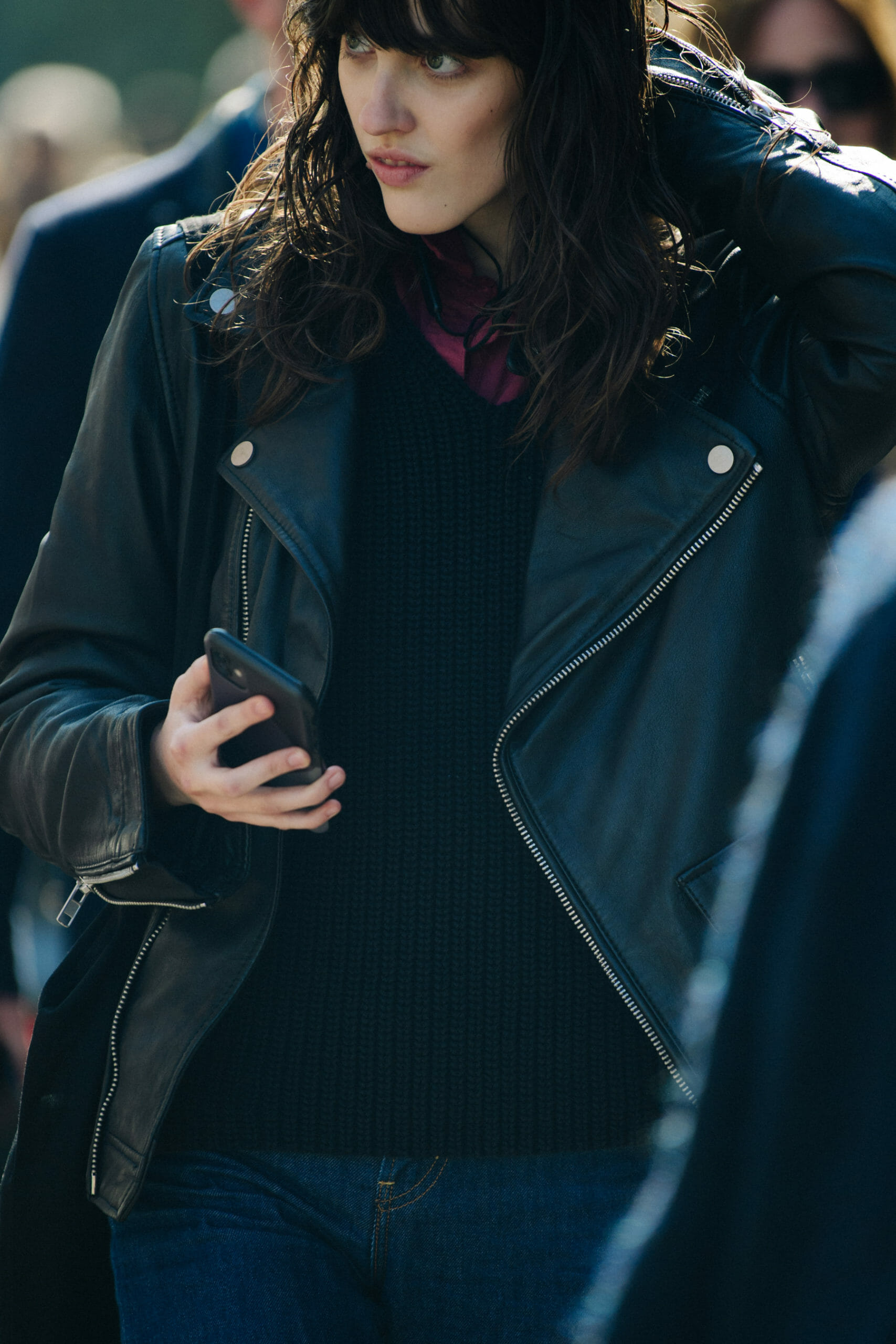 Model wearing leather jacket