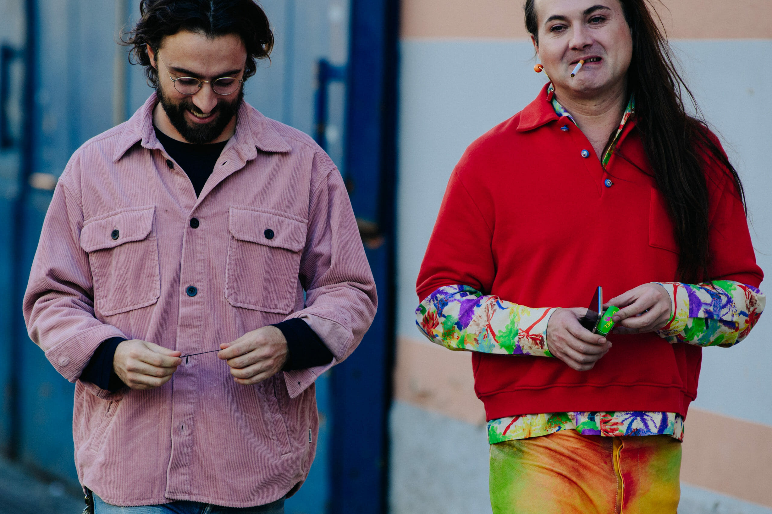 Two men wearing bright colours