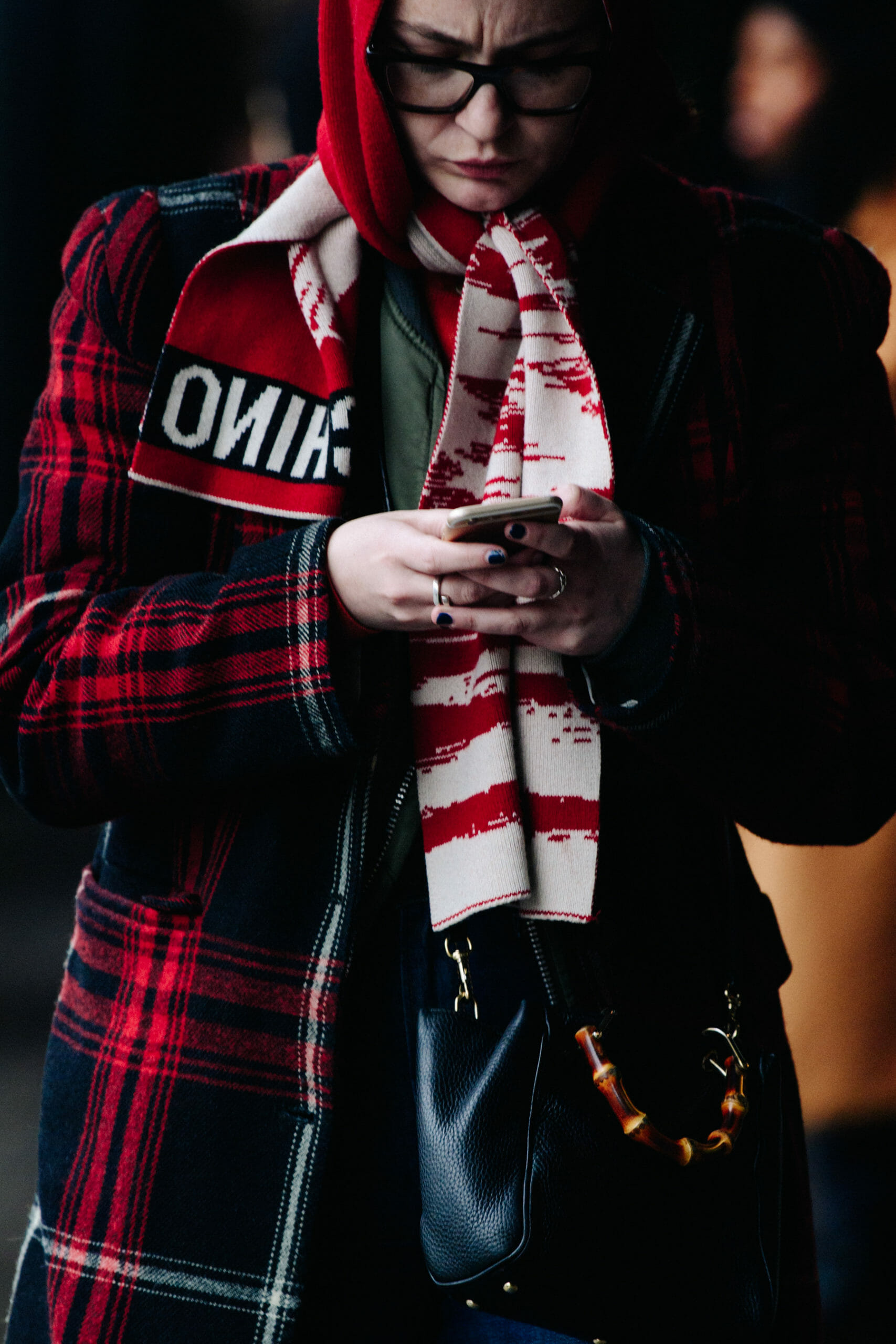 Woman wearing red scarf