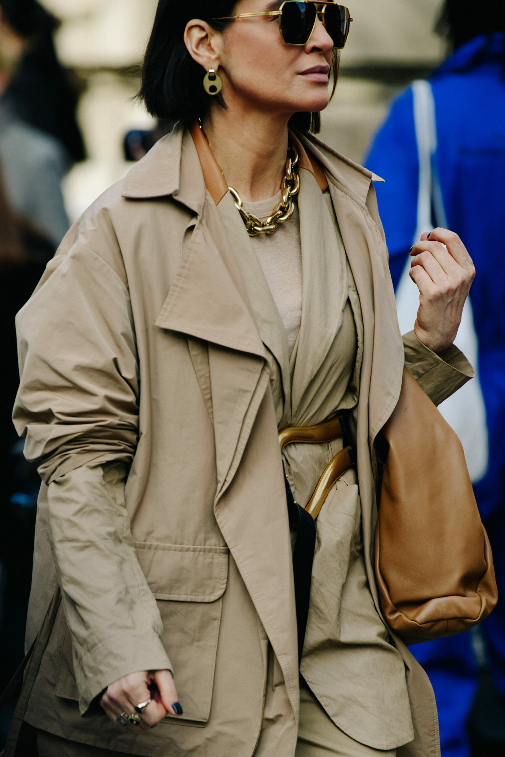 Woman wearing tan outfit