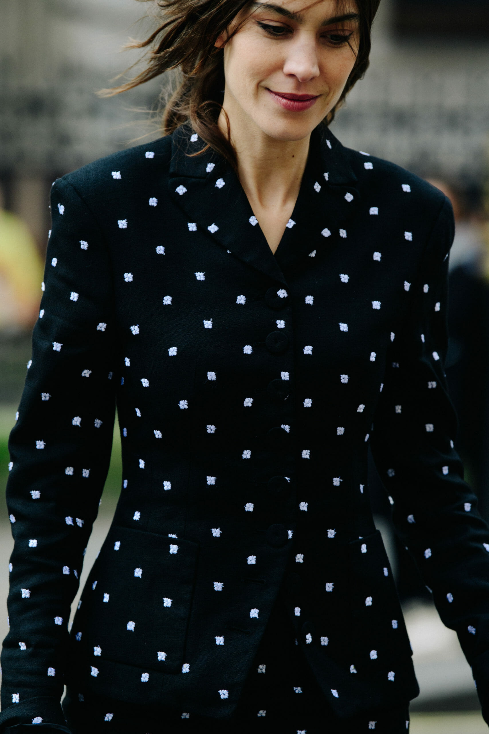British model wearing pattern dress