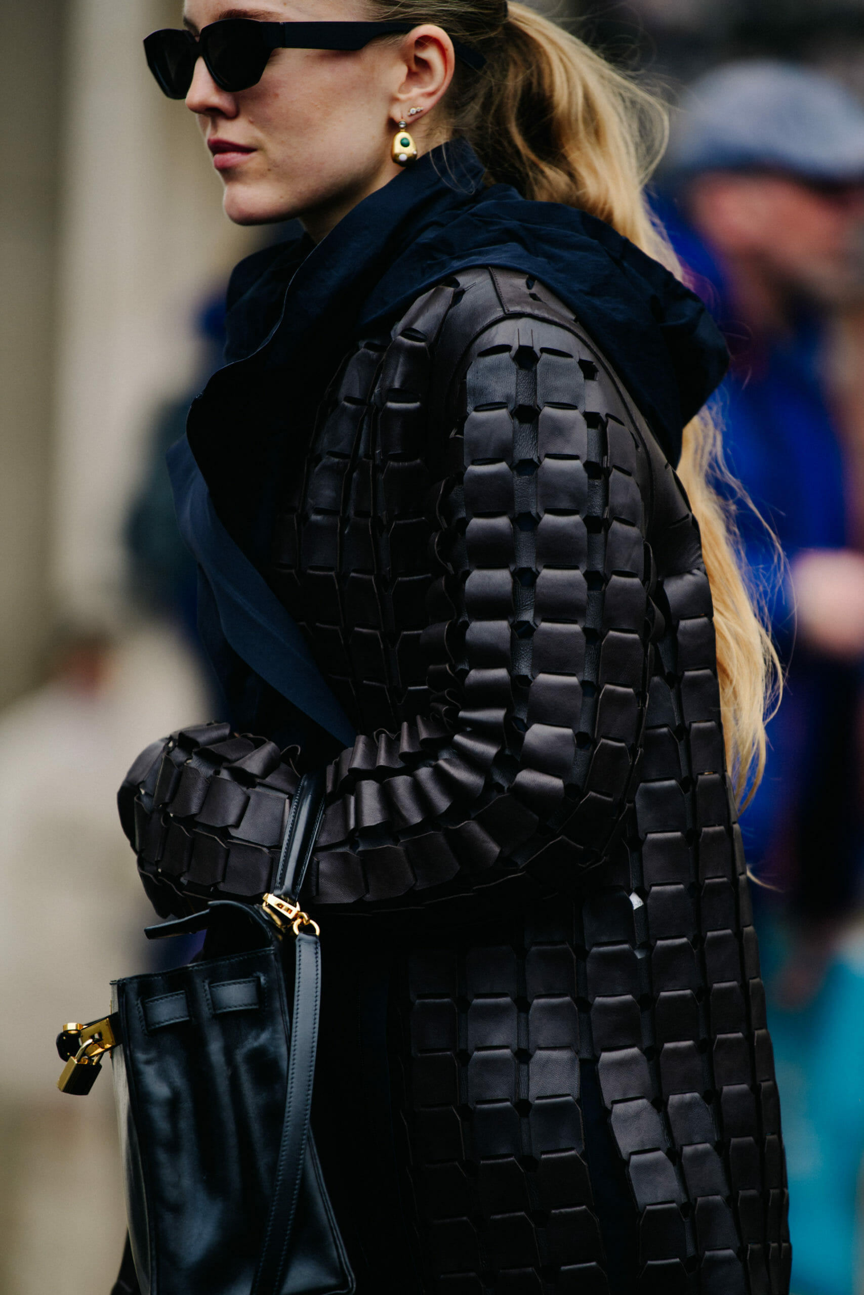 Woman wearing leather coat
