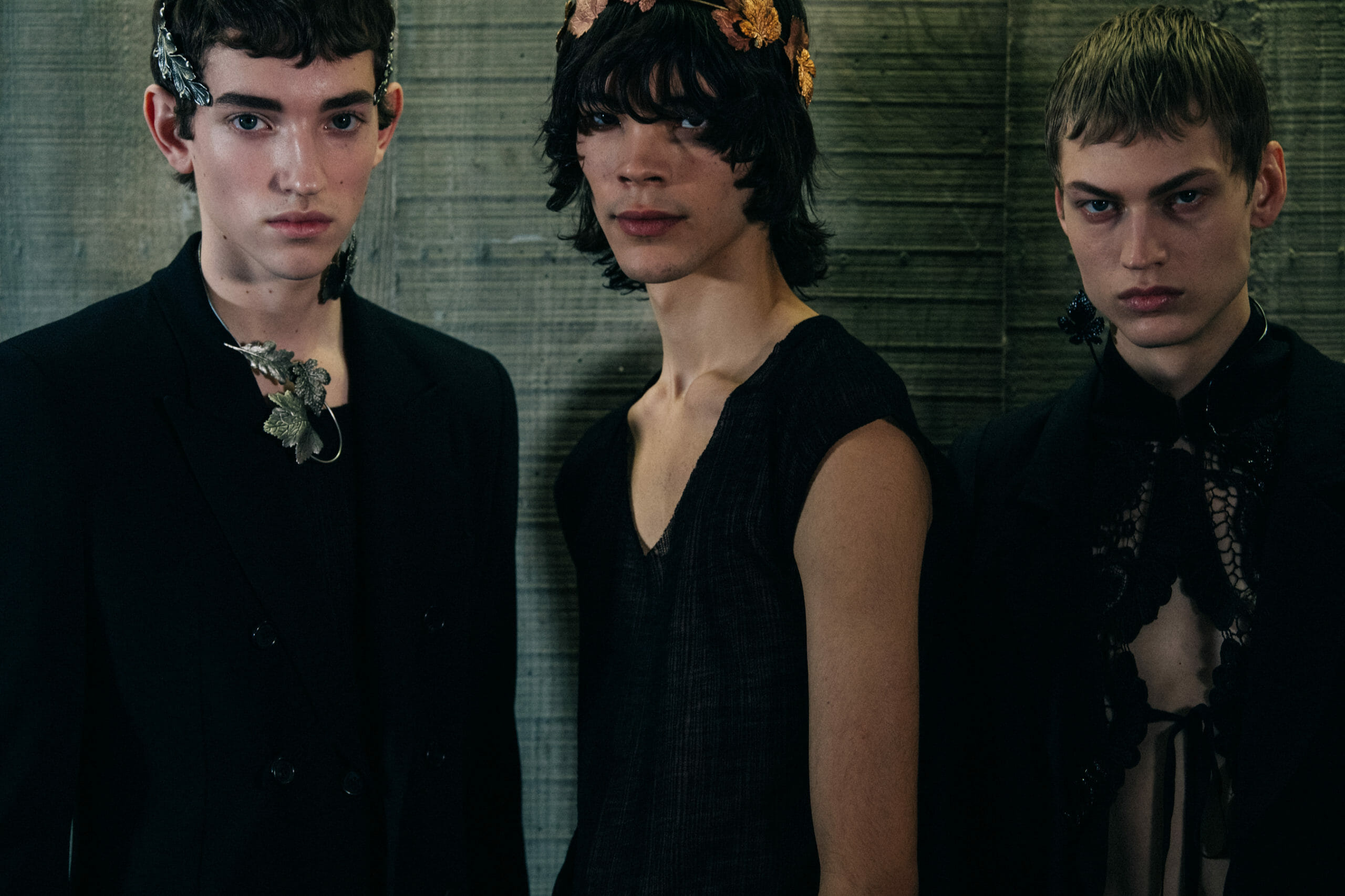 Models wearing gold leaves at Ann Demeulemeester
