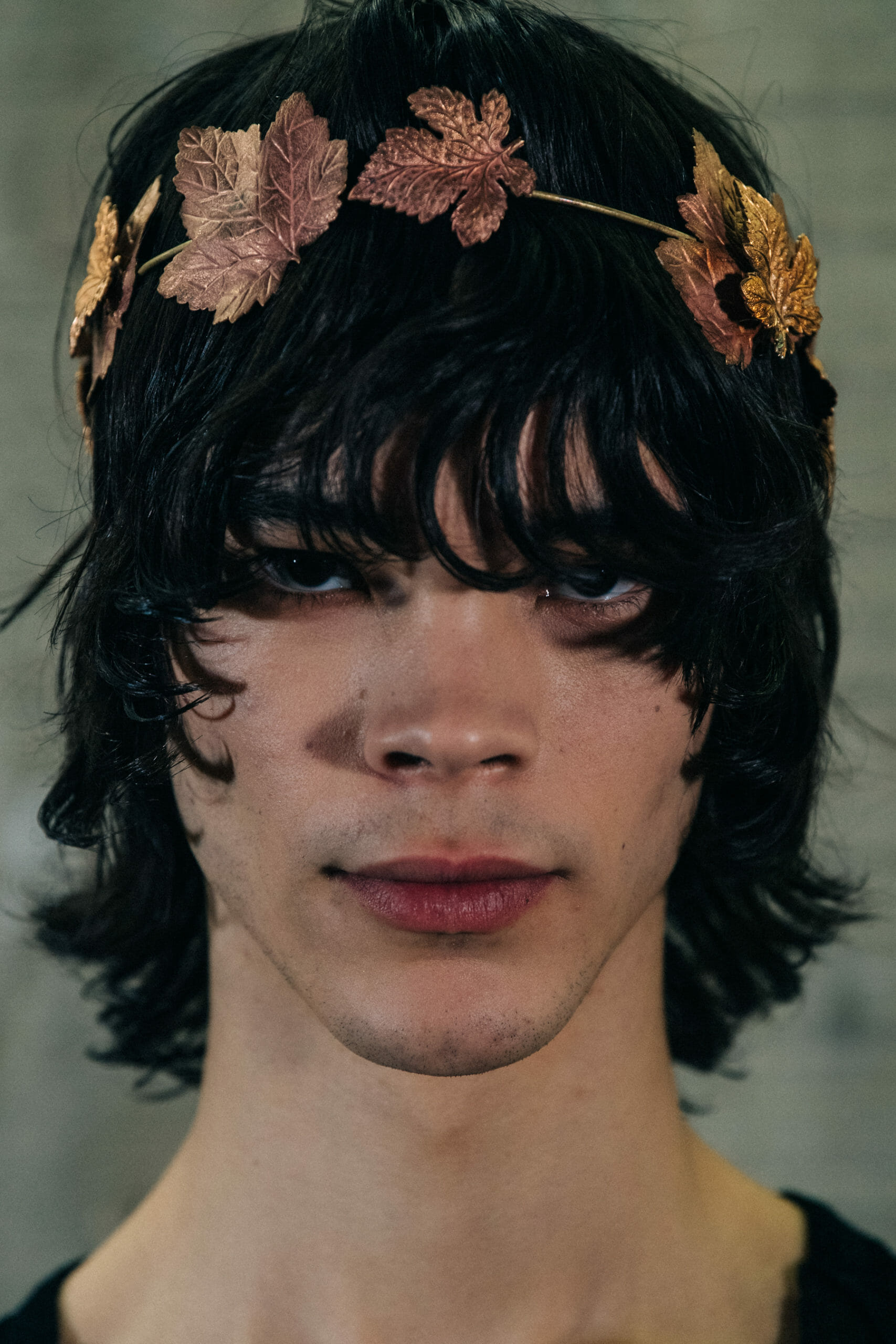 Models wearing gold leaves at Ann Demeulemeester