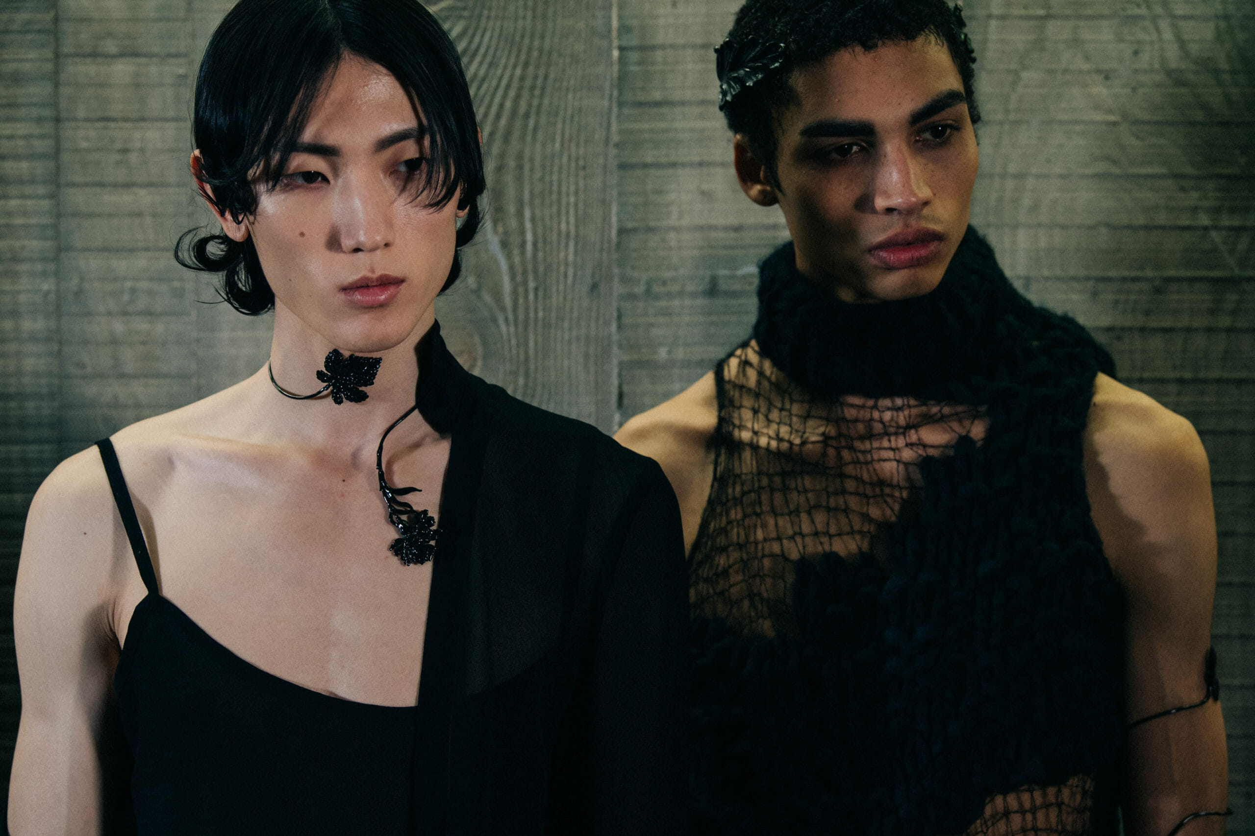 Model wearing black leaves at Ann Demeulemeester