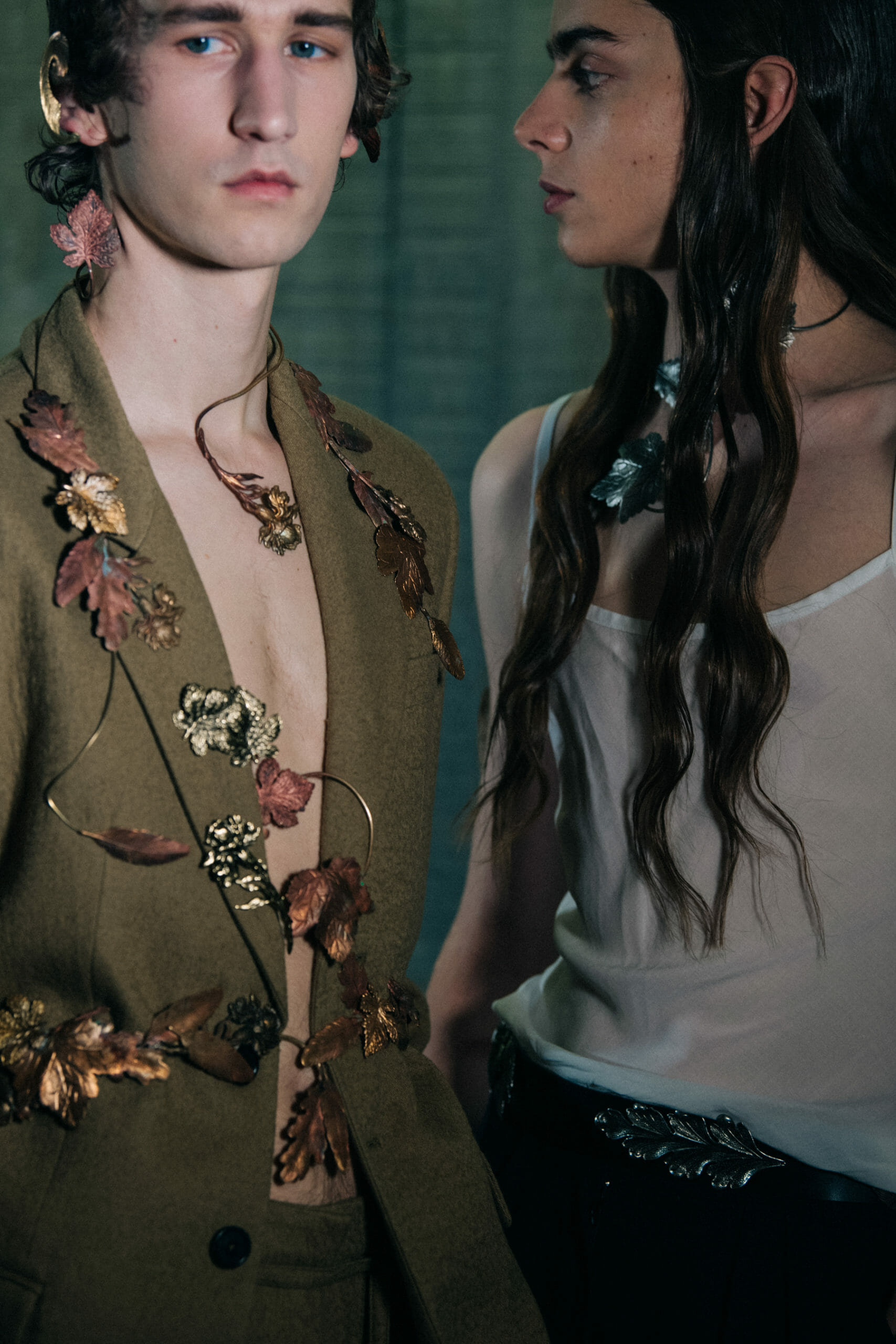 Model wearing green Ann Demeulemeester outfit
