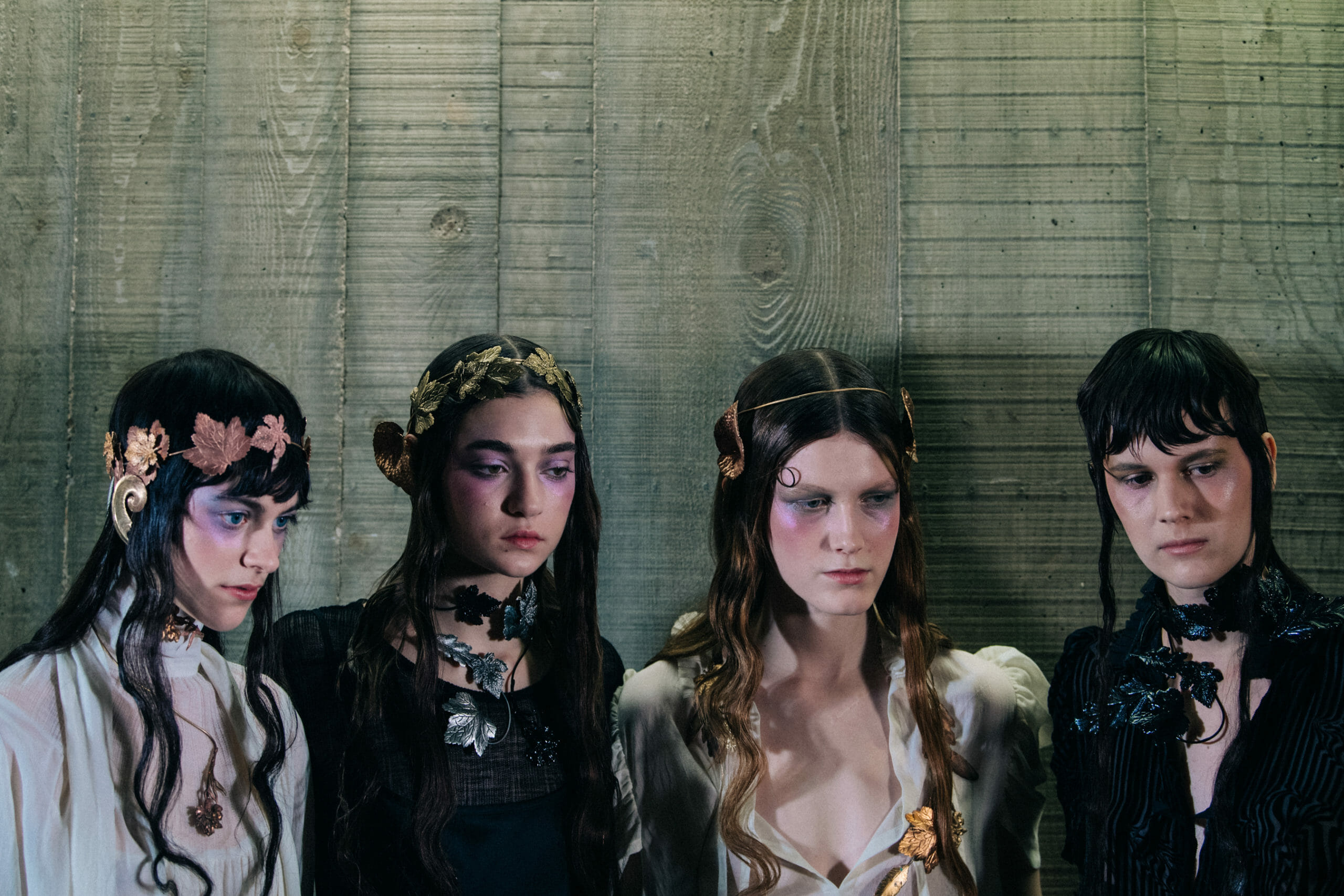 Model wearing gold leaves at Ann Demeulemeester