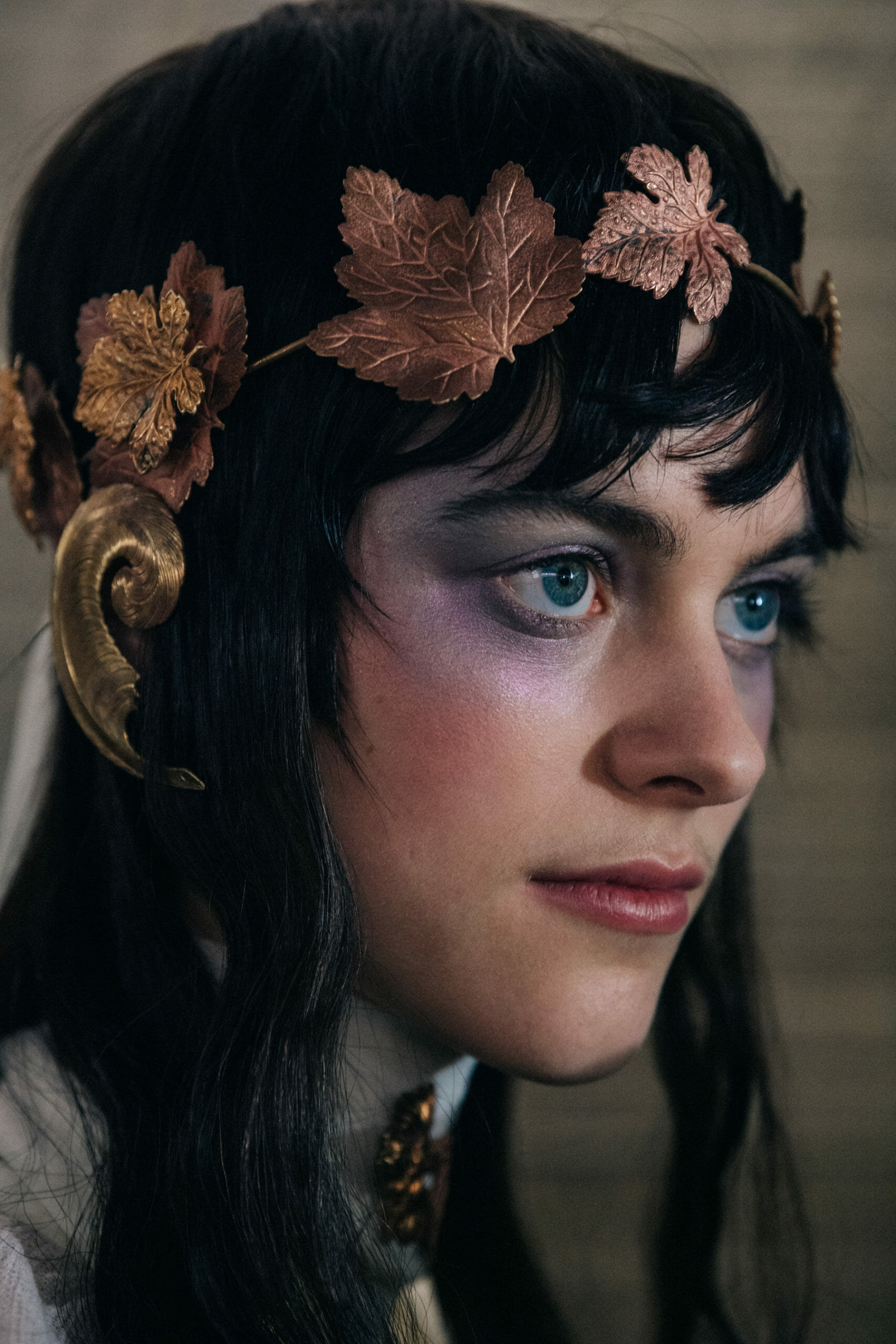 Model wearing gold leaves at Ann Demeulemeester