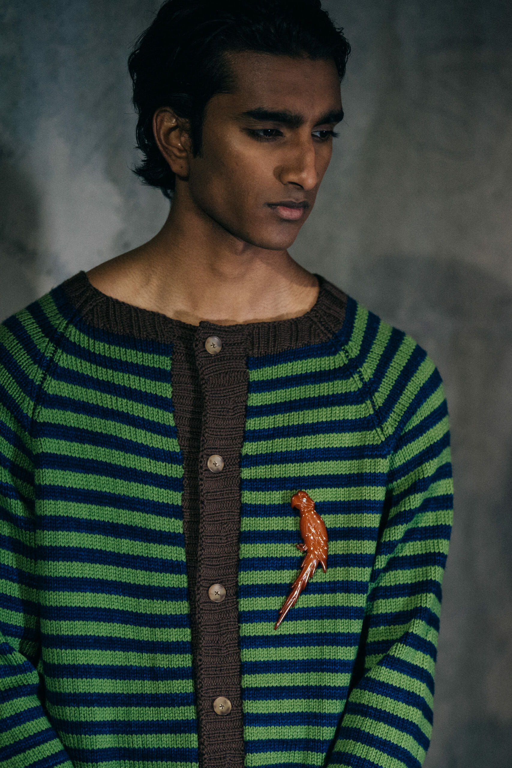 Model wearing green stripes at Bode