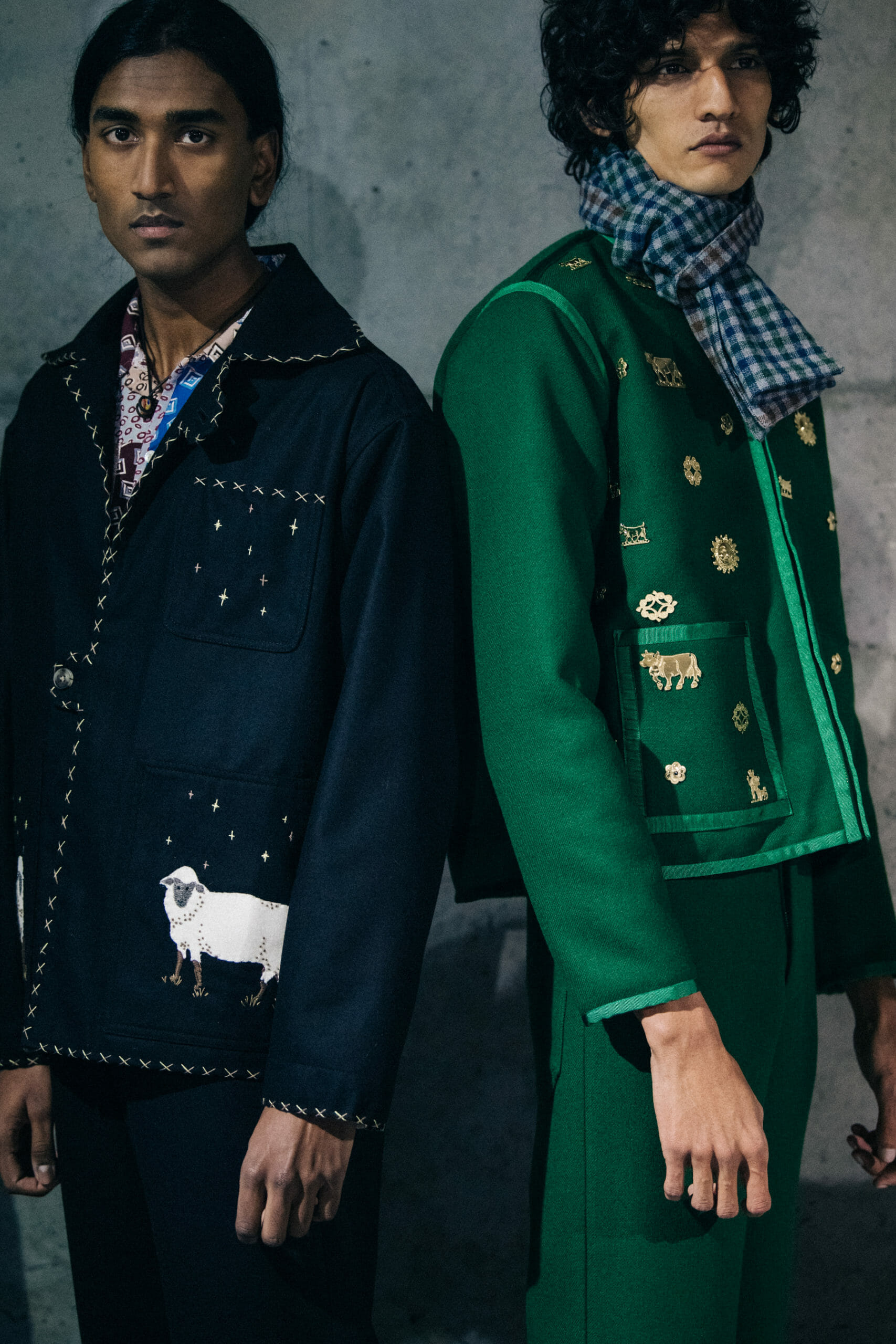Model wearing green Bode coat