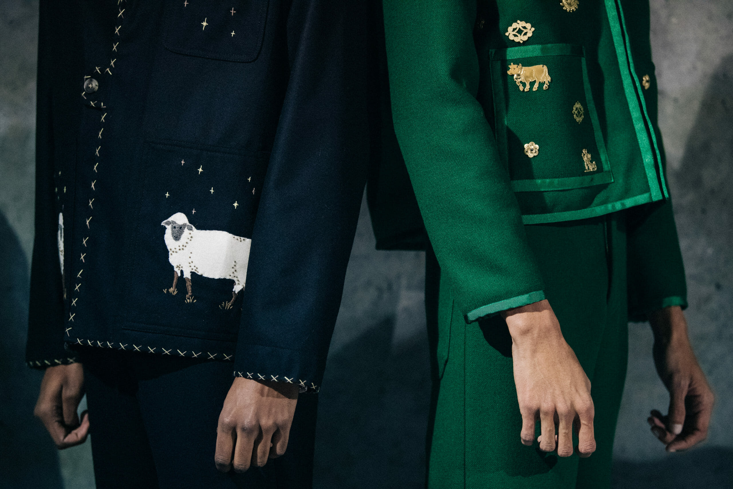 Model wearing green Bode coat