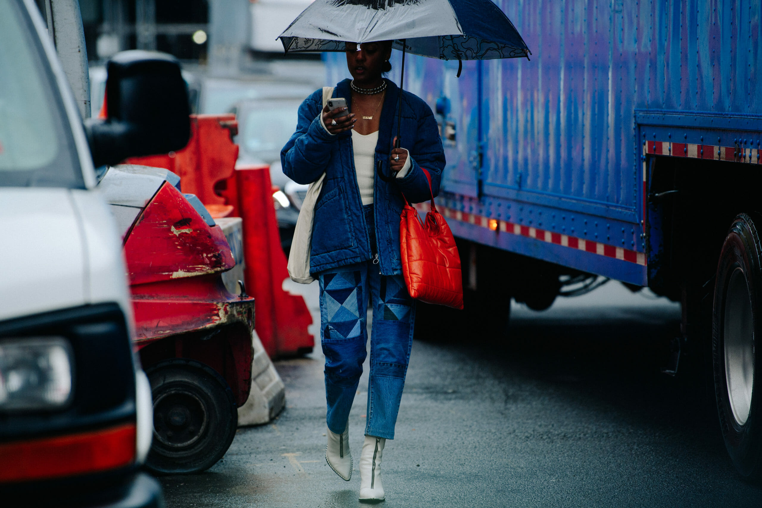 Woman wearing denim outfit
