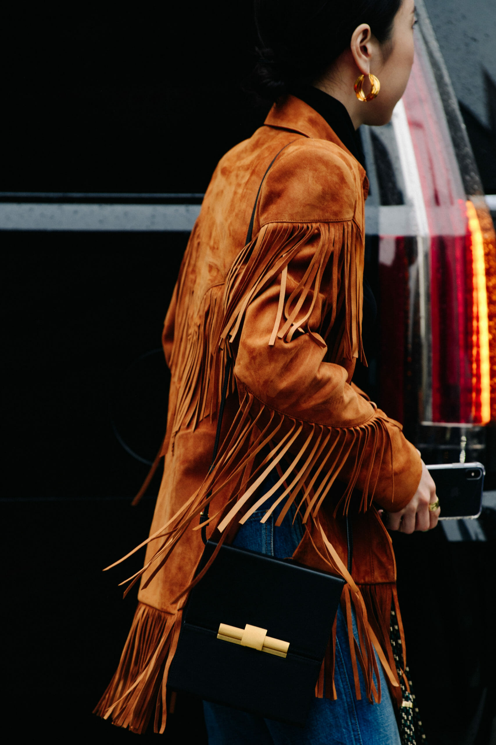 Woman wearing leather jacket