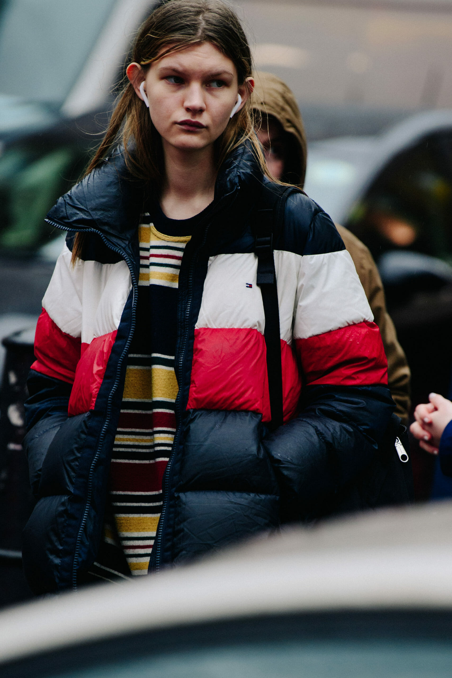 Model wearing striped jacket