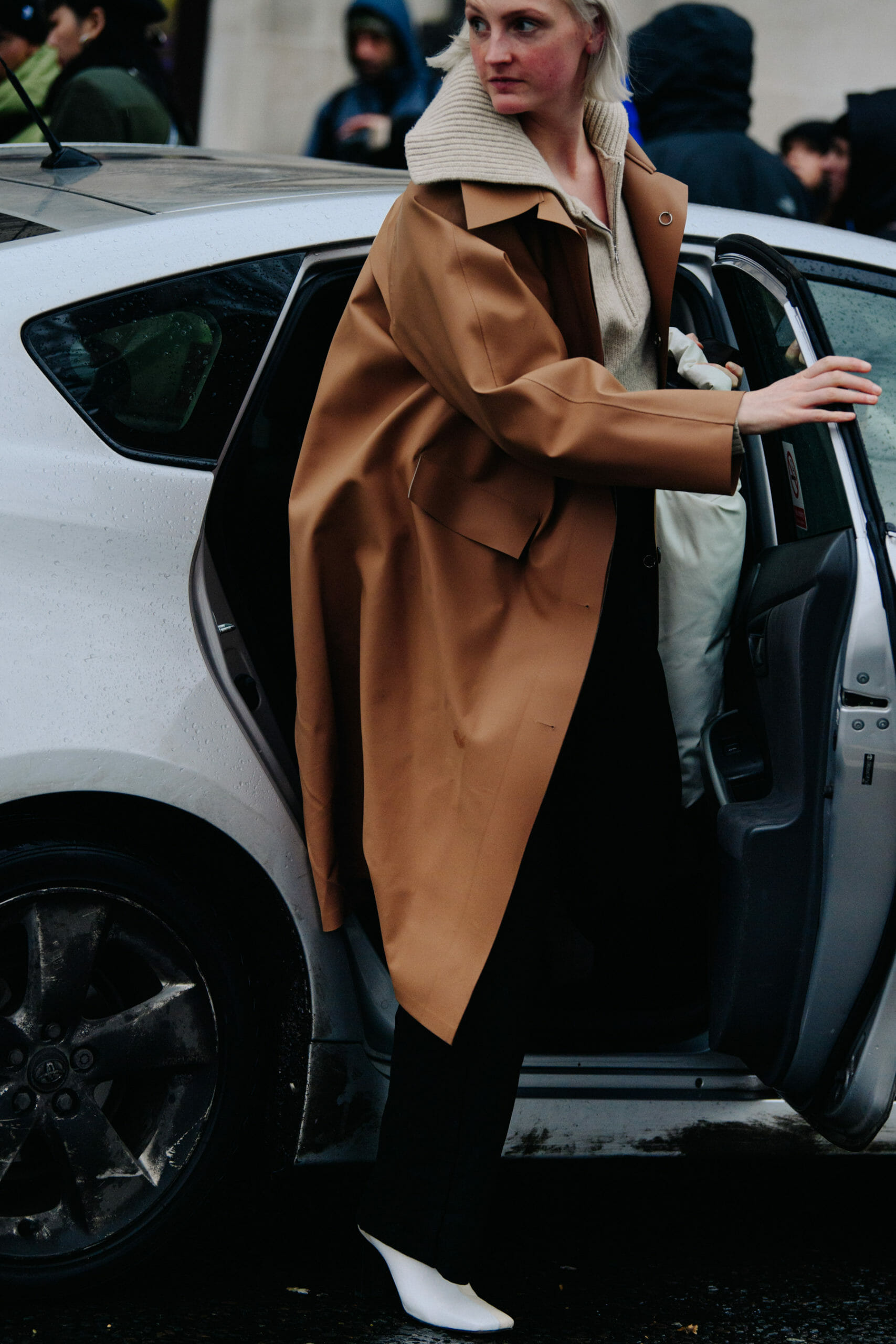 Woman wearing leather coat