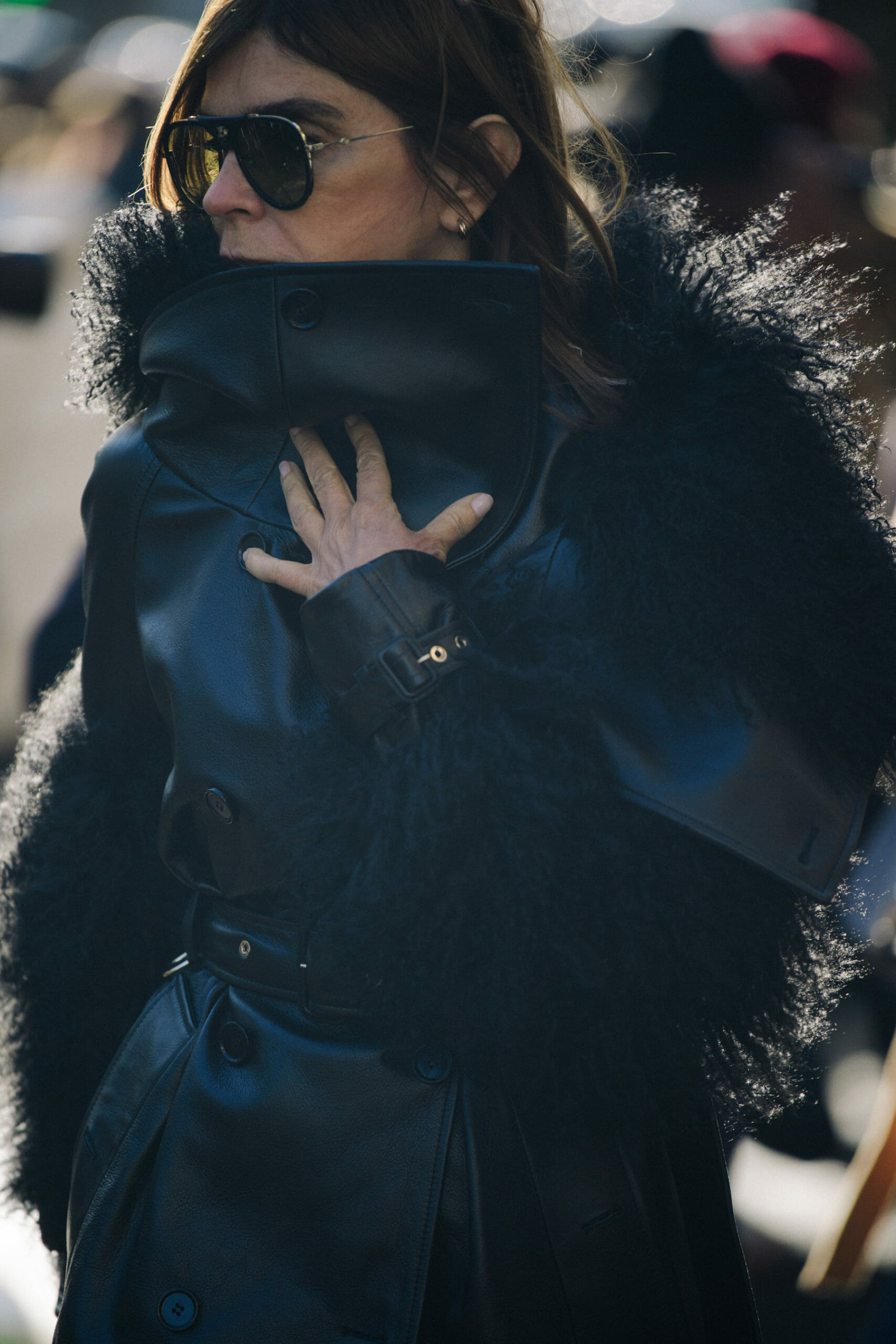 Woman wearing black leather jacket
