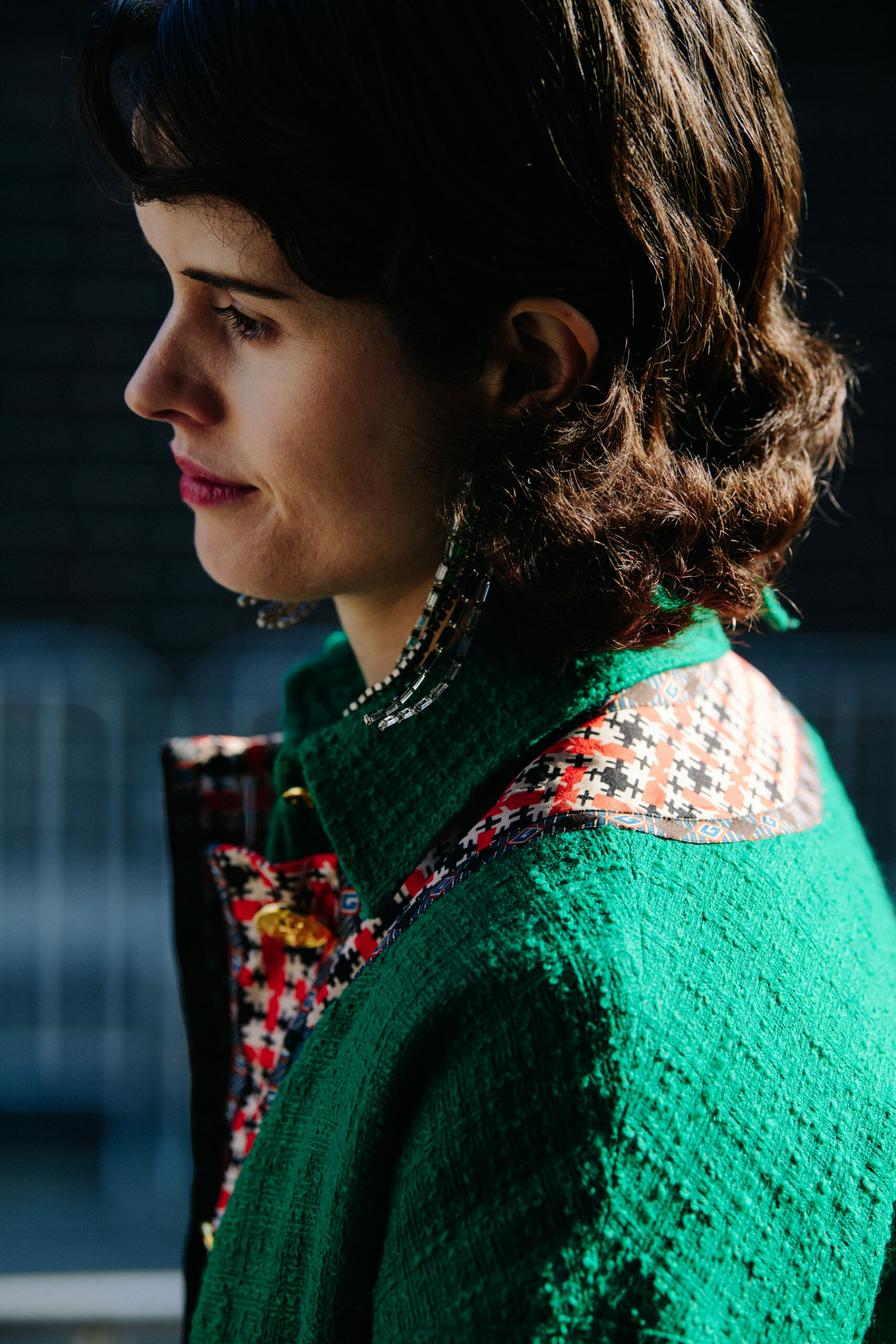 Woman wearing green jacket