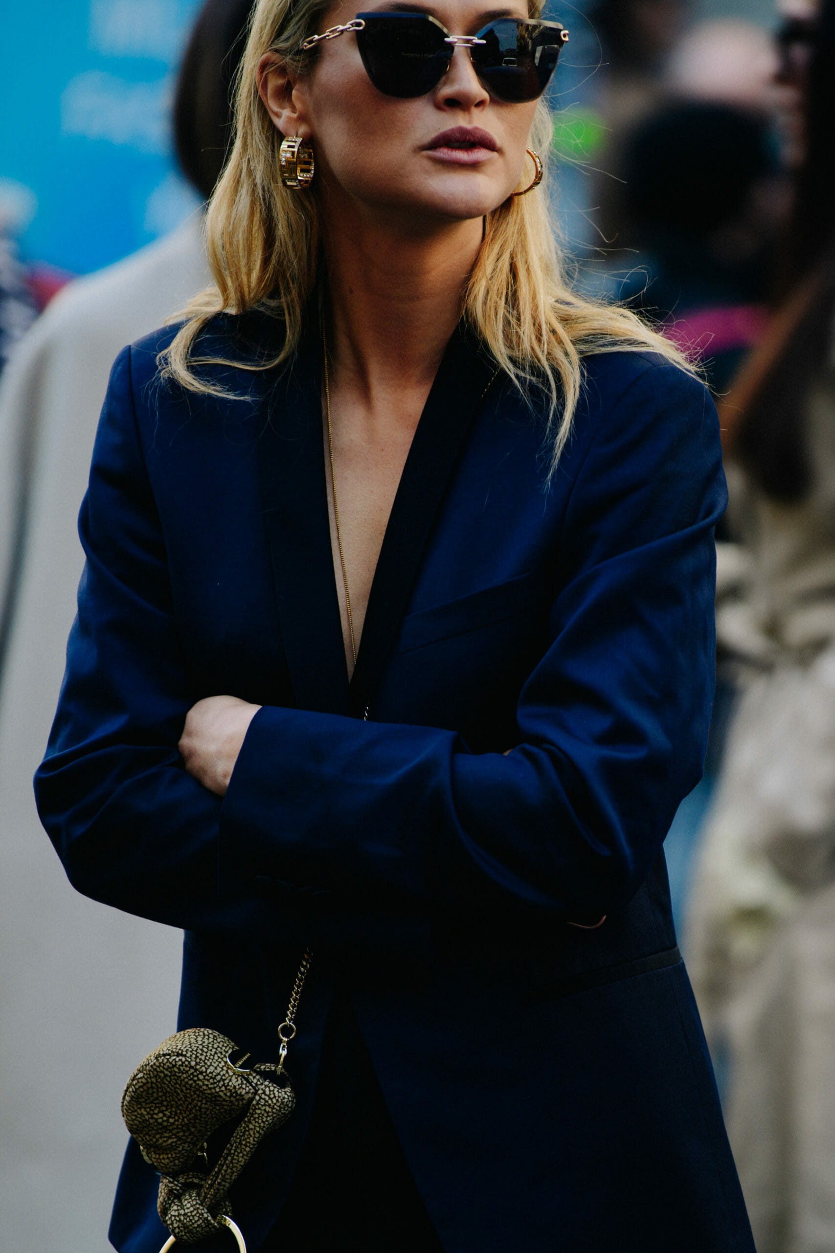 Woman wearing blue jacket