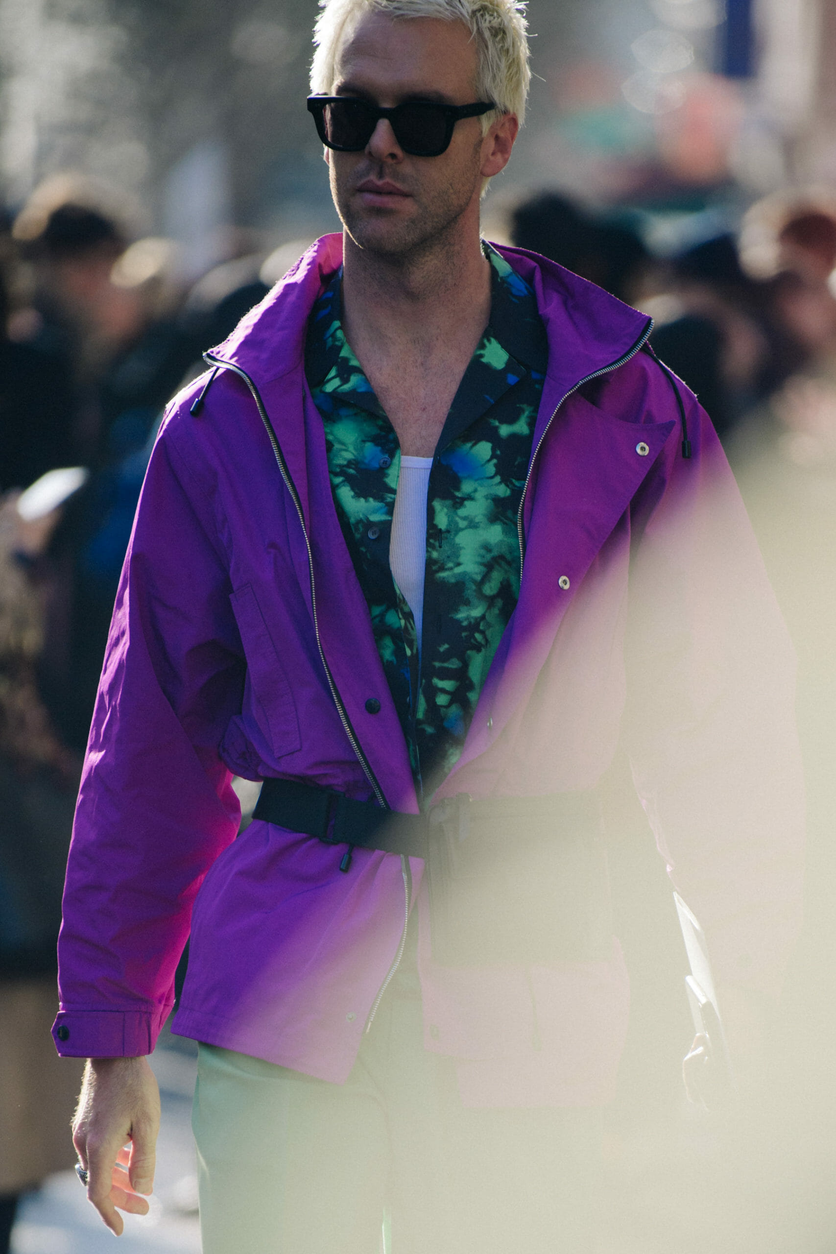 Australian blogger wearing purple jacket