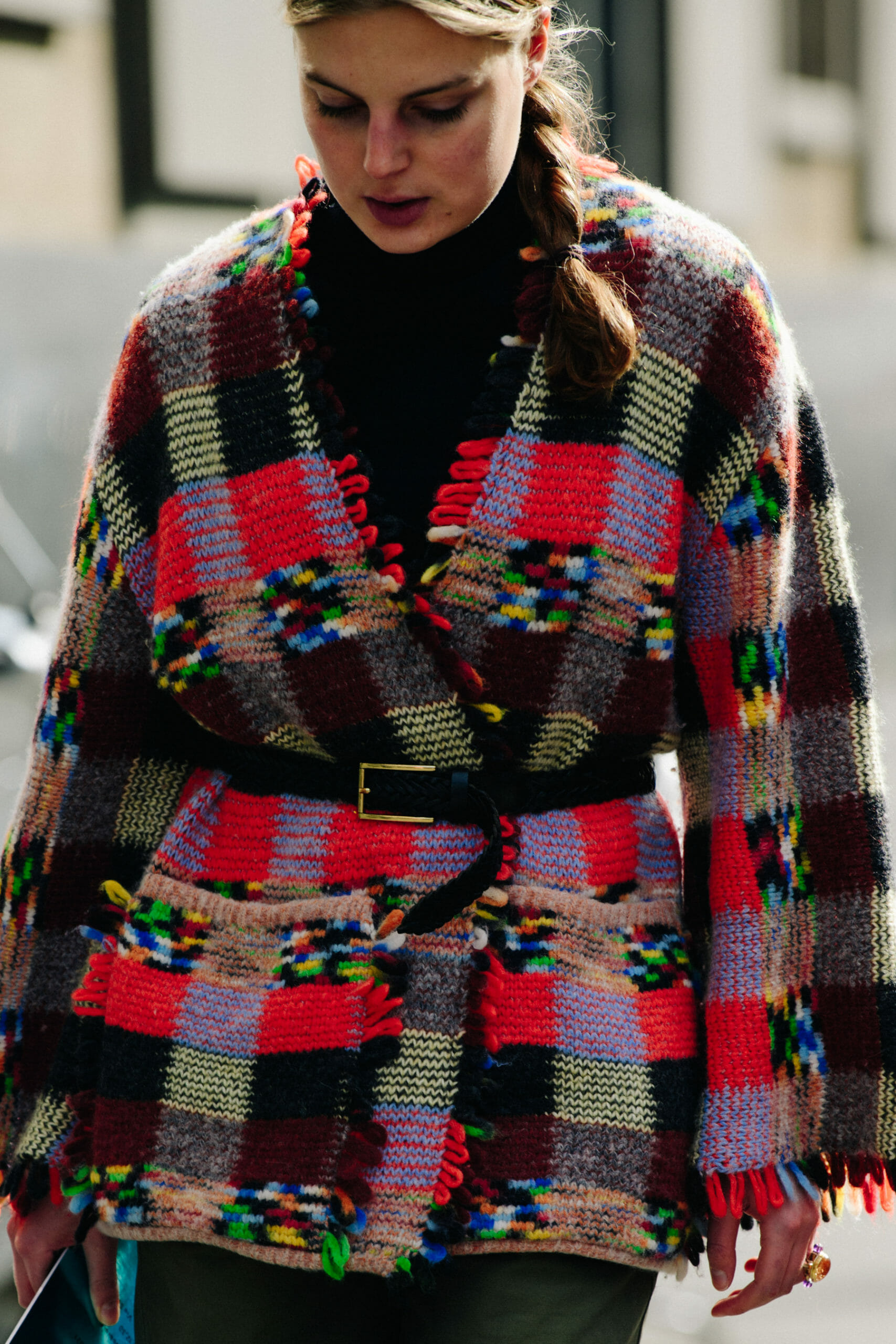 Woman wearing pattern cardigan