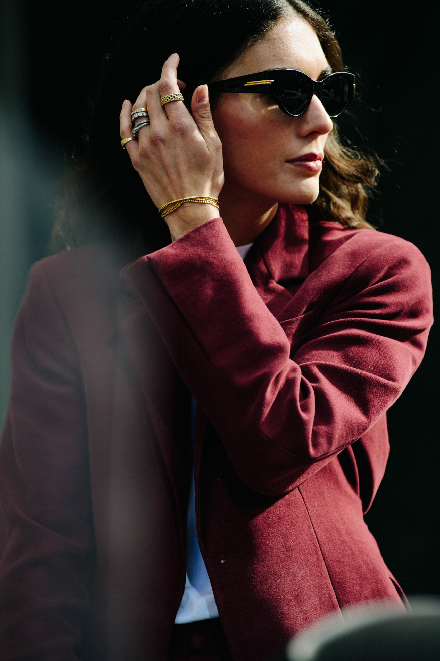 Woman wearing red jacket