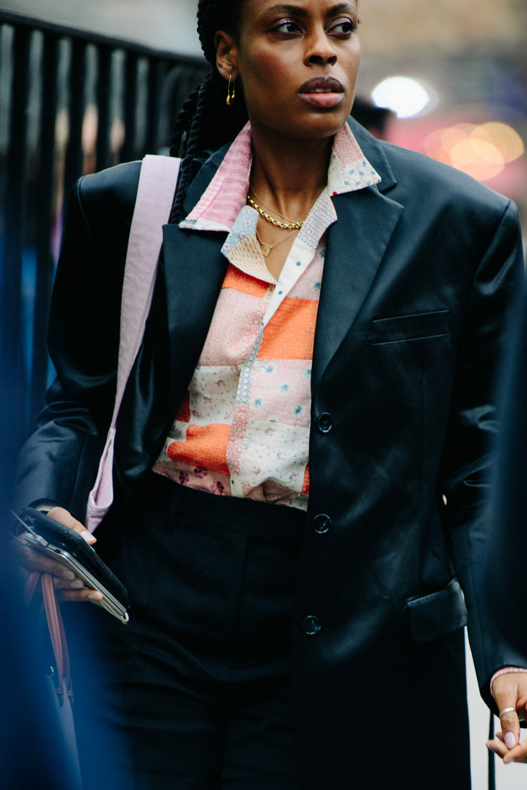 Woman wearing leather coat