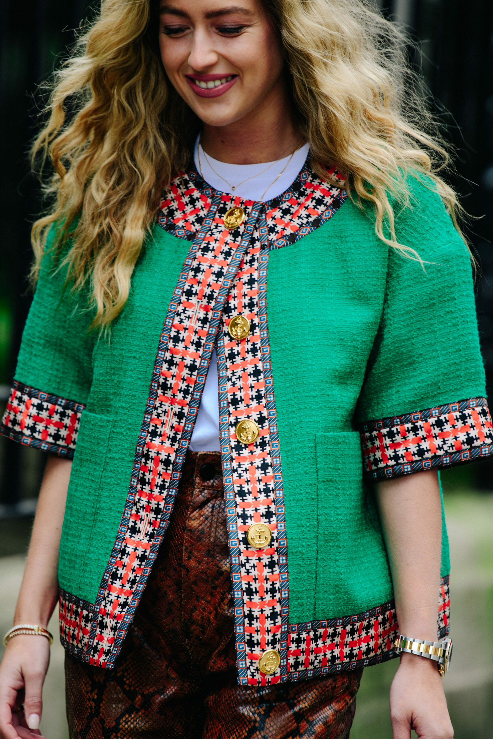 Woman wearing green jacket