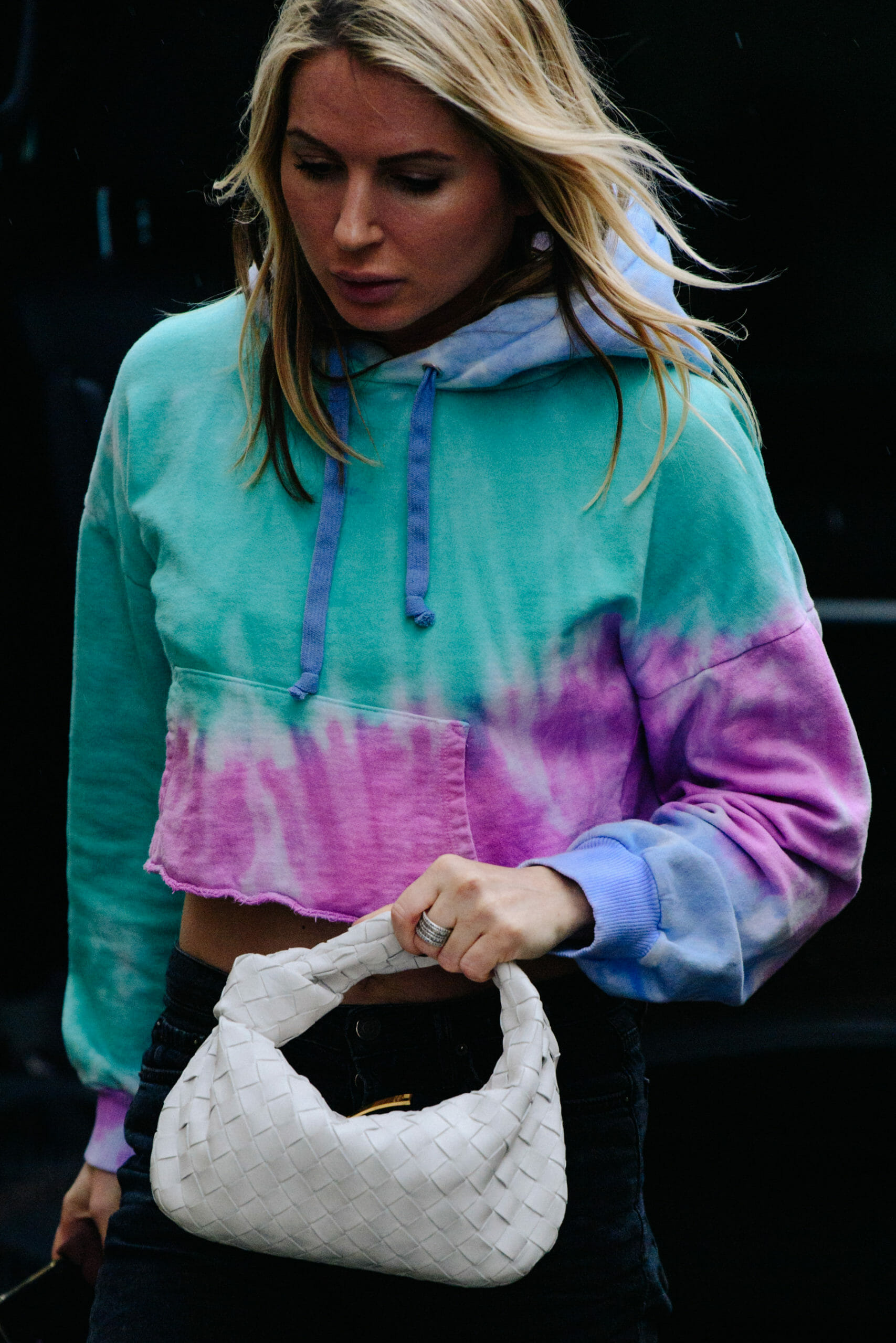 Woman wearing tie dye hoodie