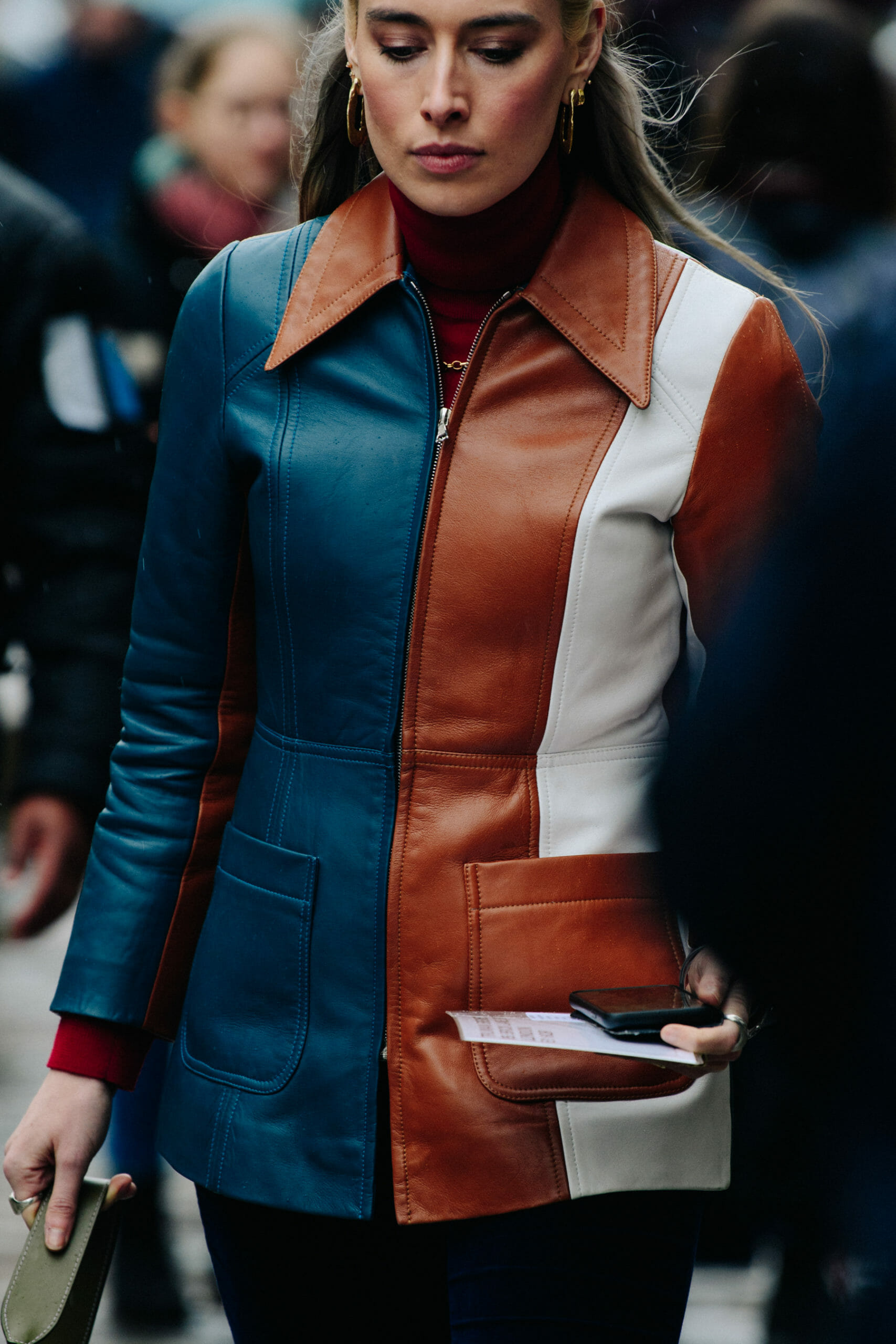 Woman wearing leather jacket