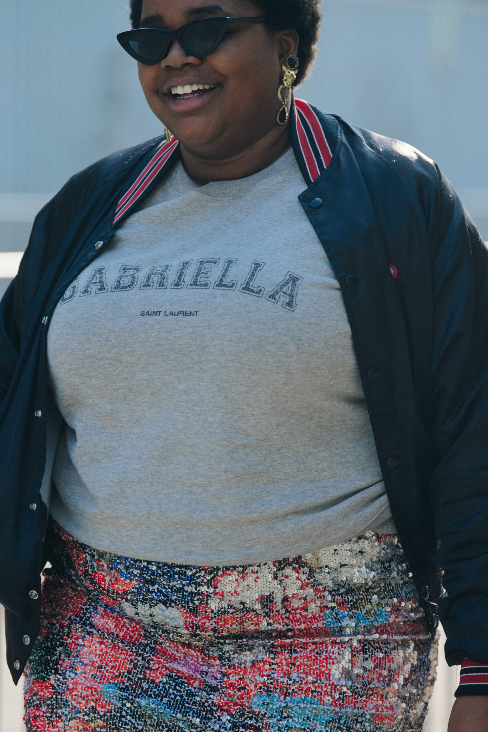 Woman wearing sequin skirt