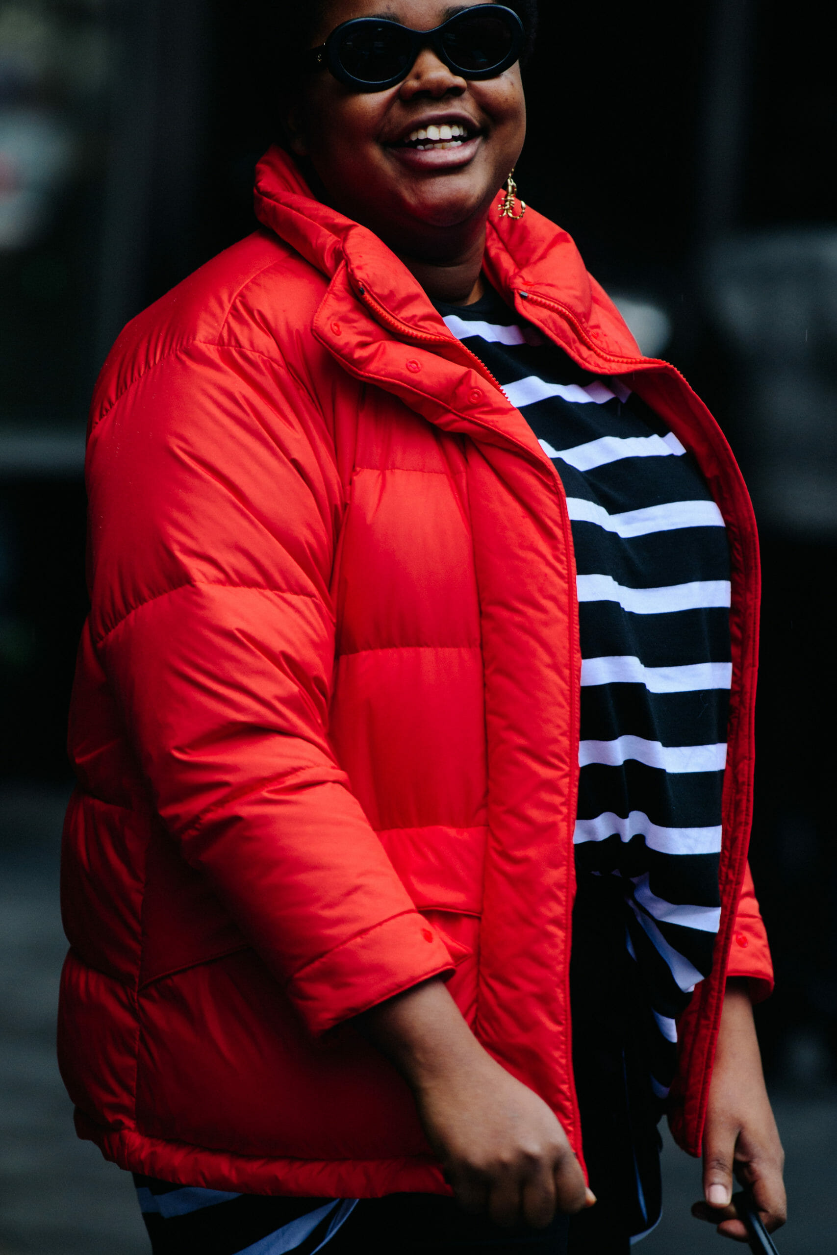 Woman wearing red jacket