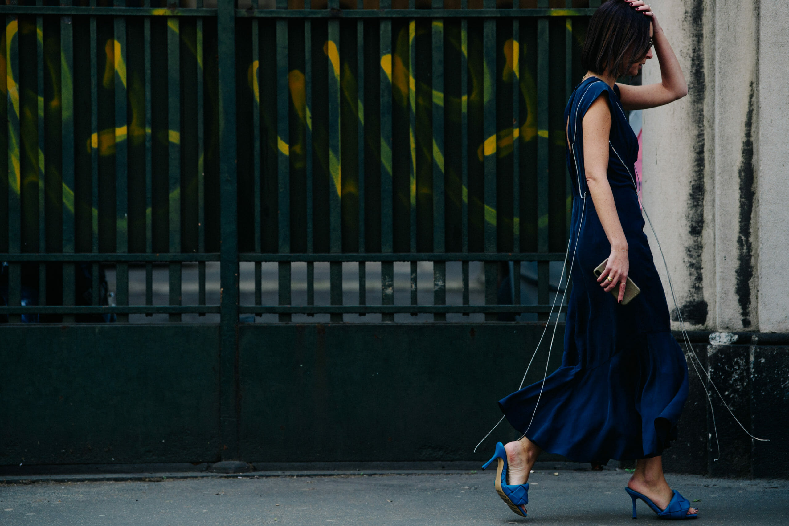 Woman wearing blue dress
