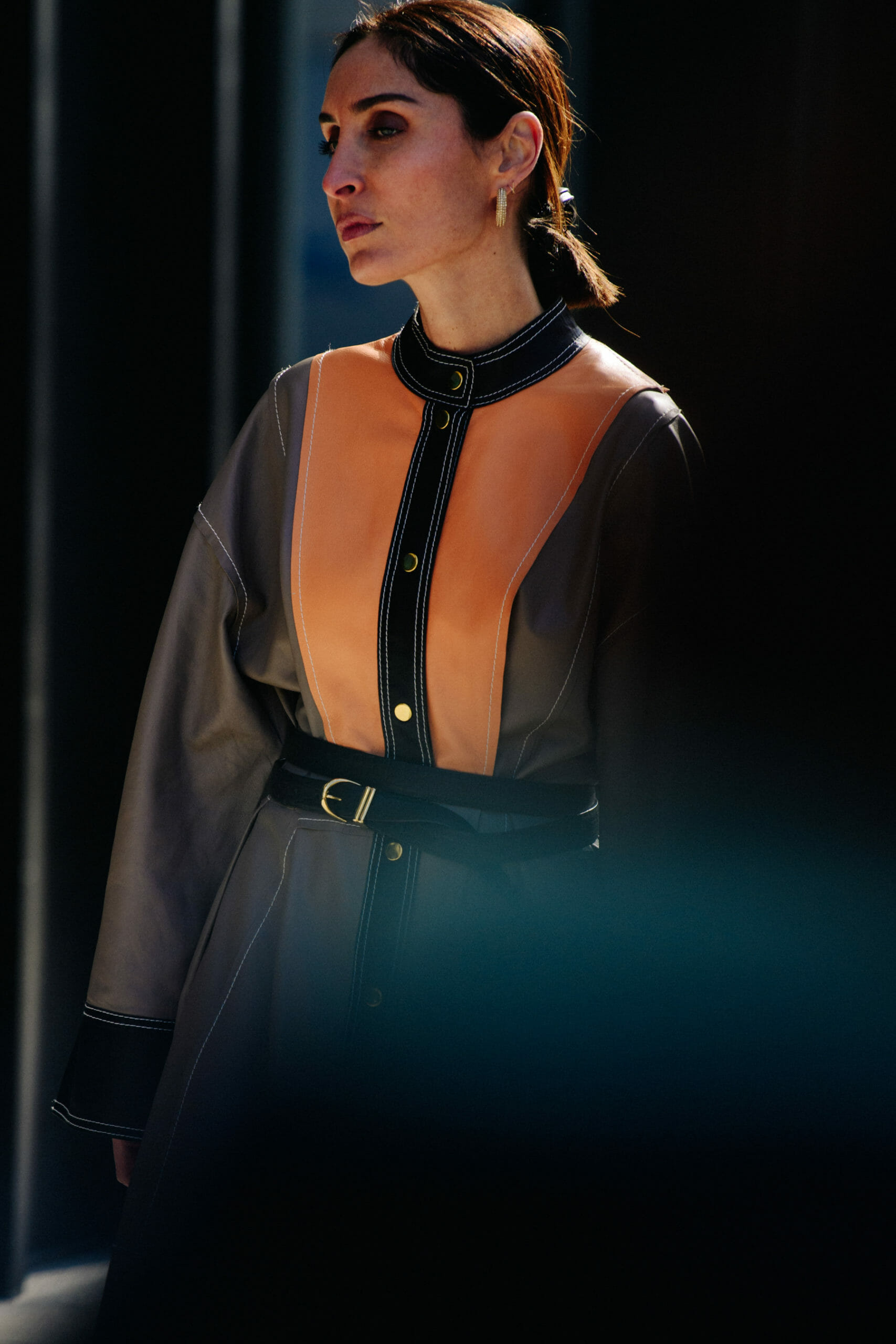 Woman wearing leather dress