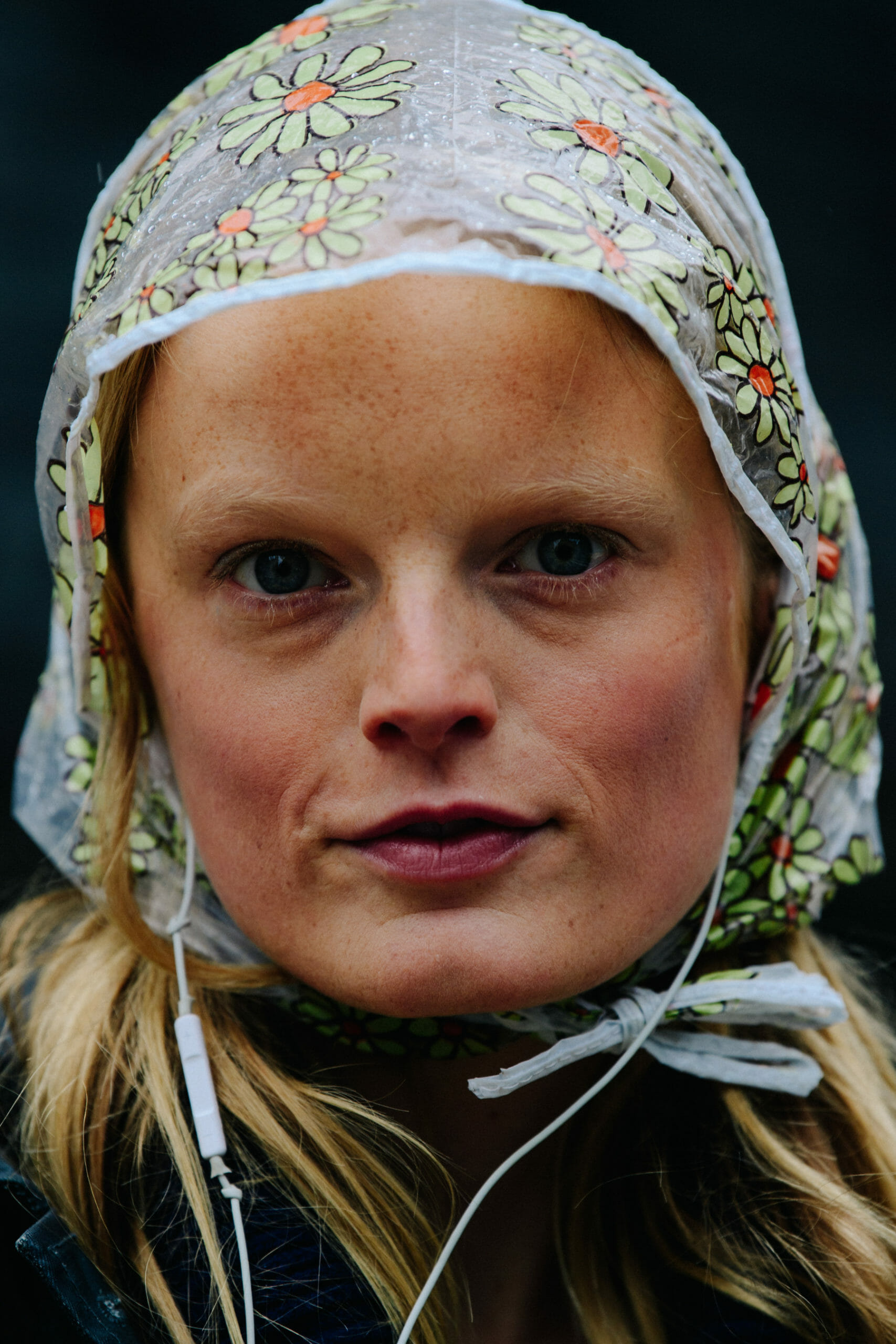 Model wearing plastic hair cover
