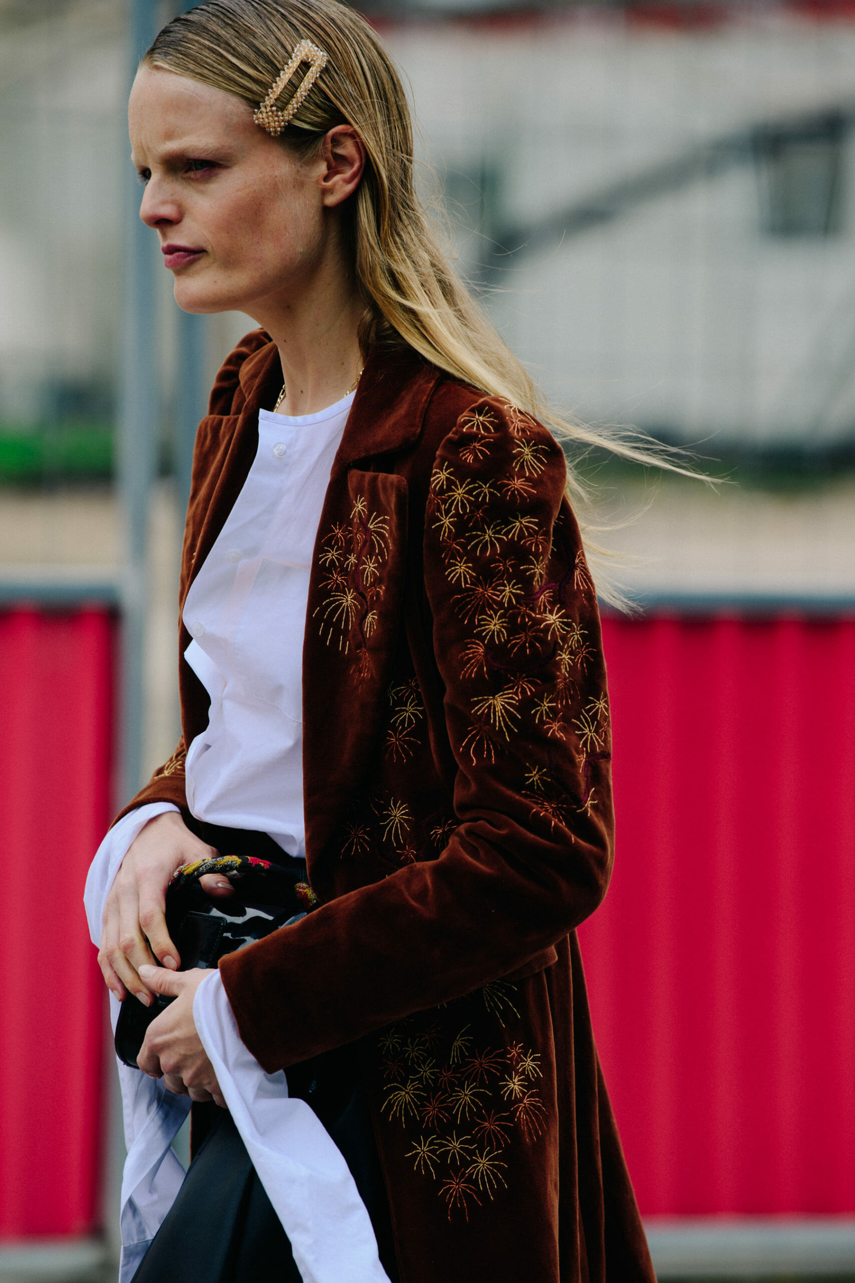 Model wearing brown coat