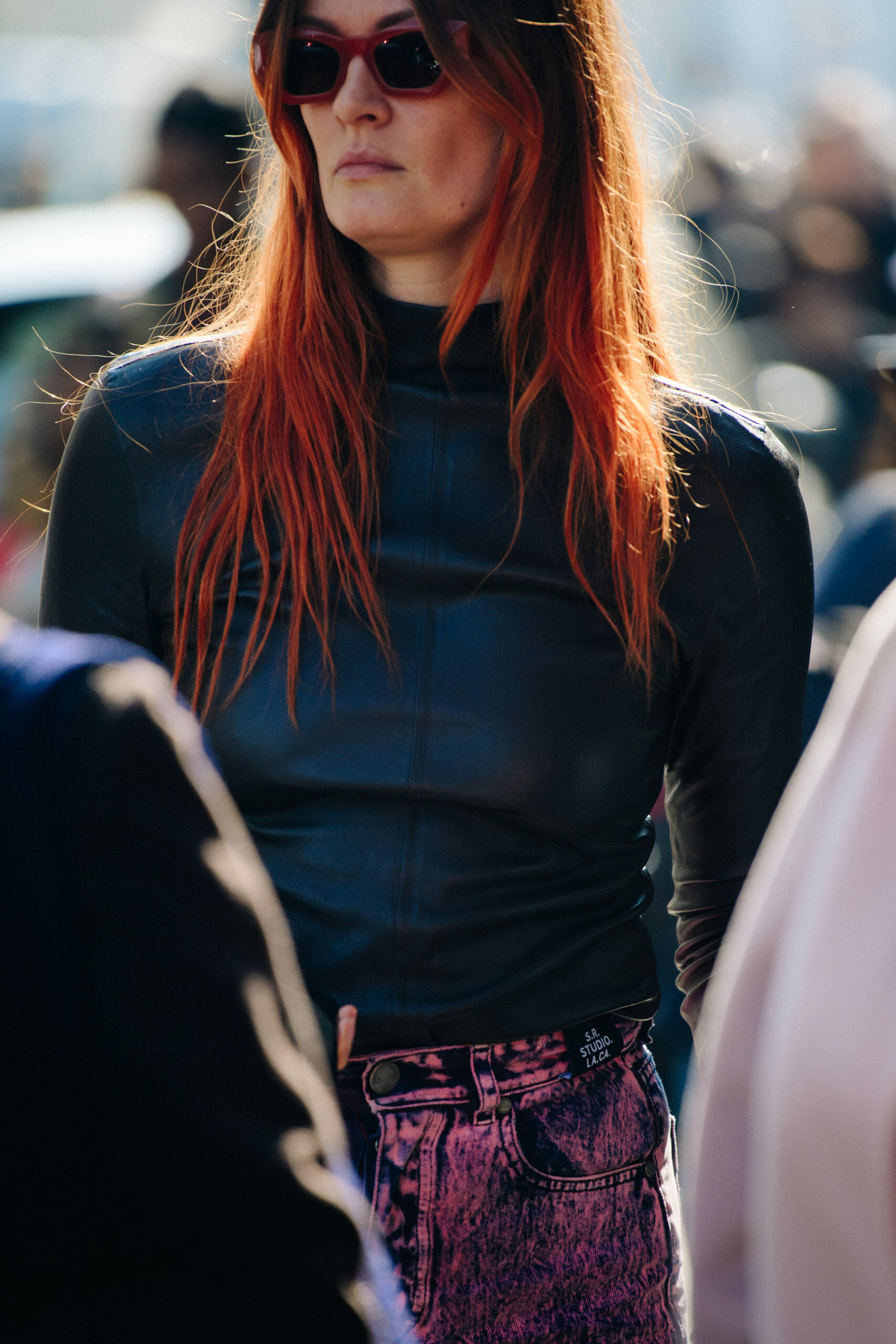 Woman wearing pink jeans