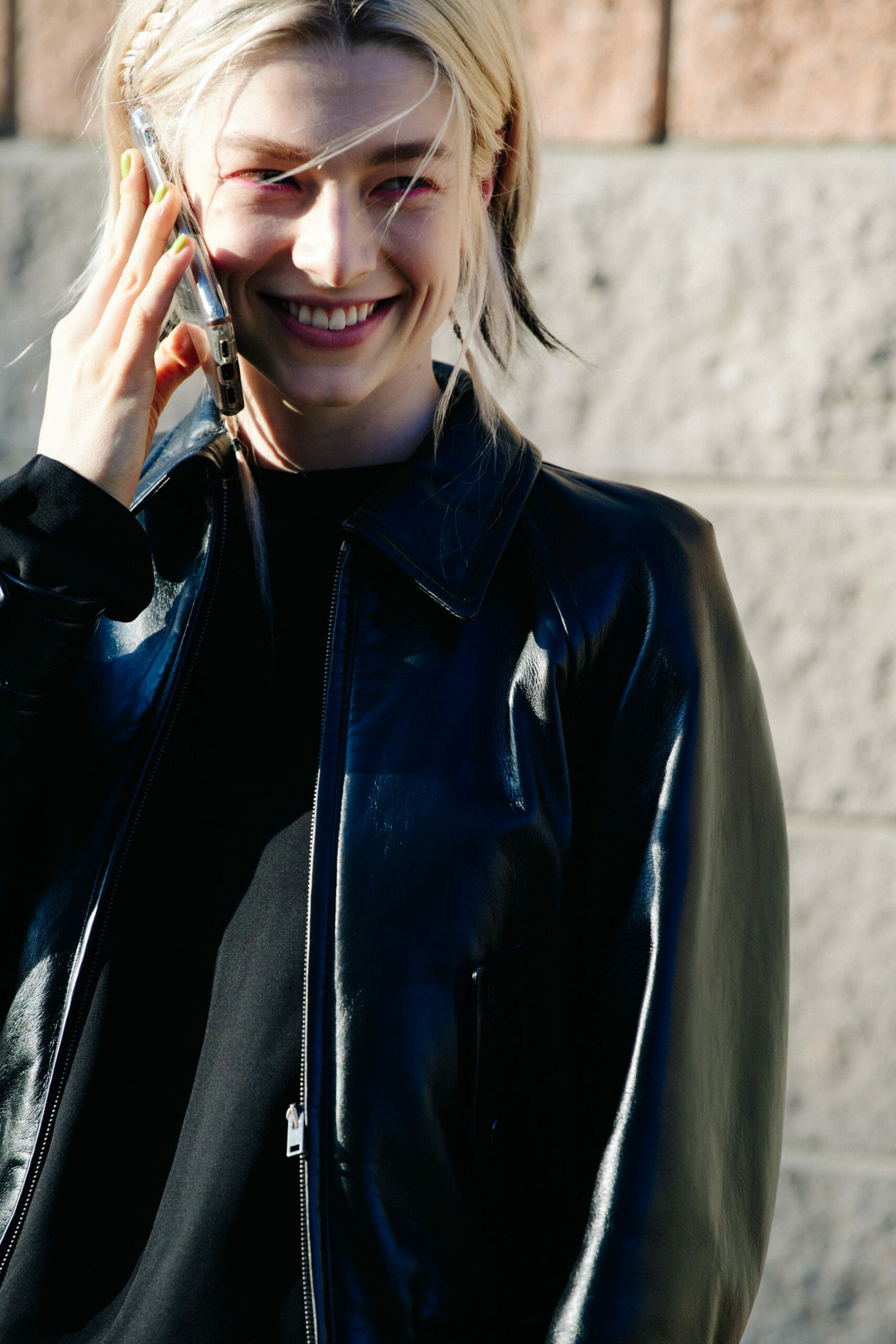 American actress wearing leather jacket