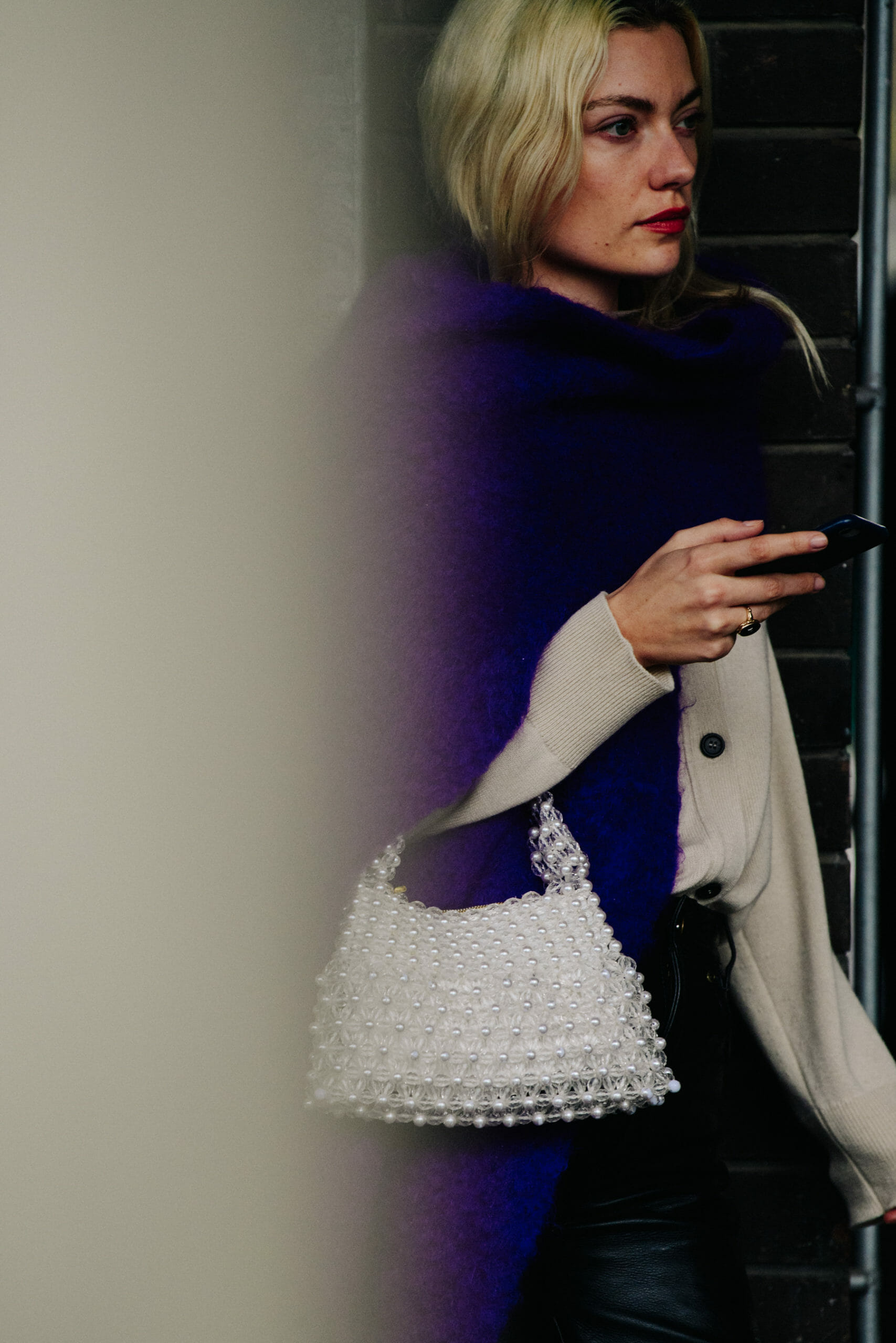 Woman wearing purple shawl