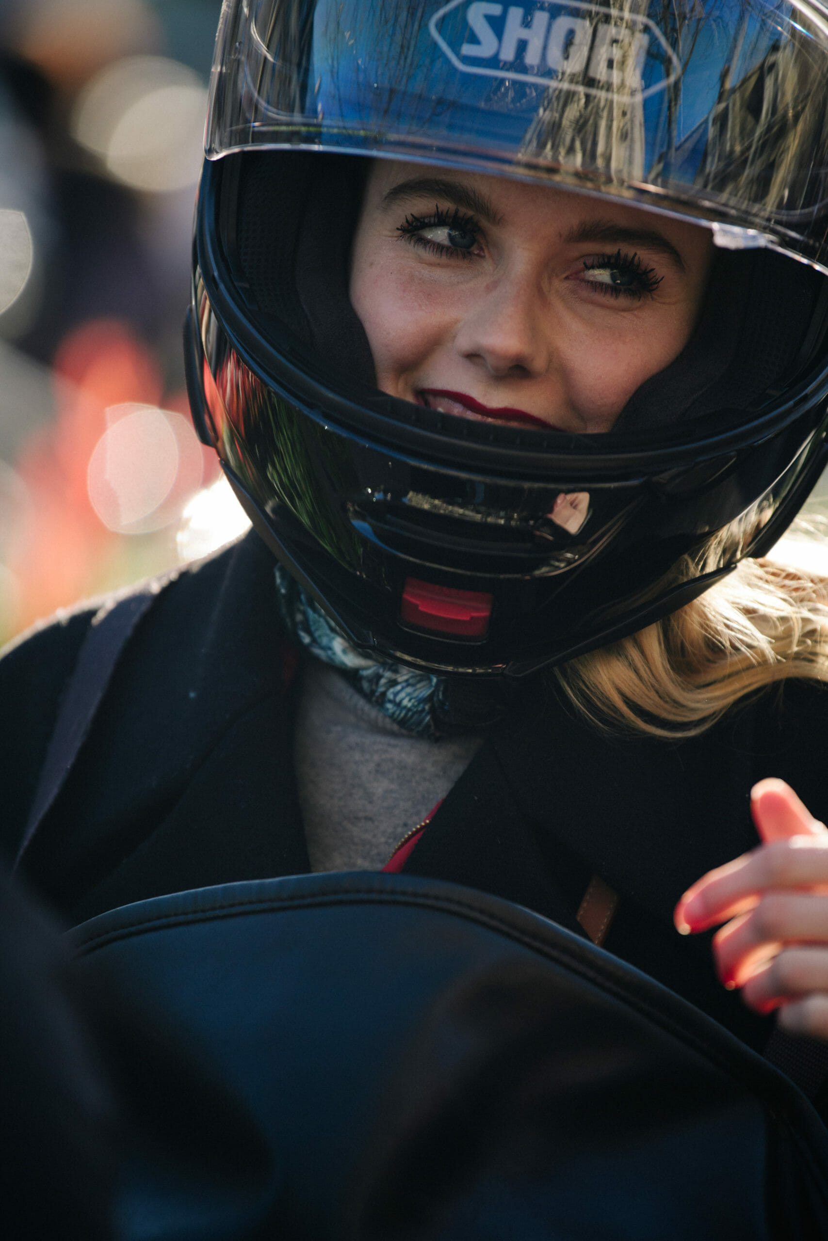 Model wearing helmet