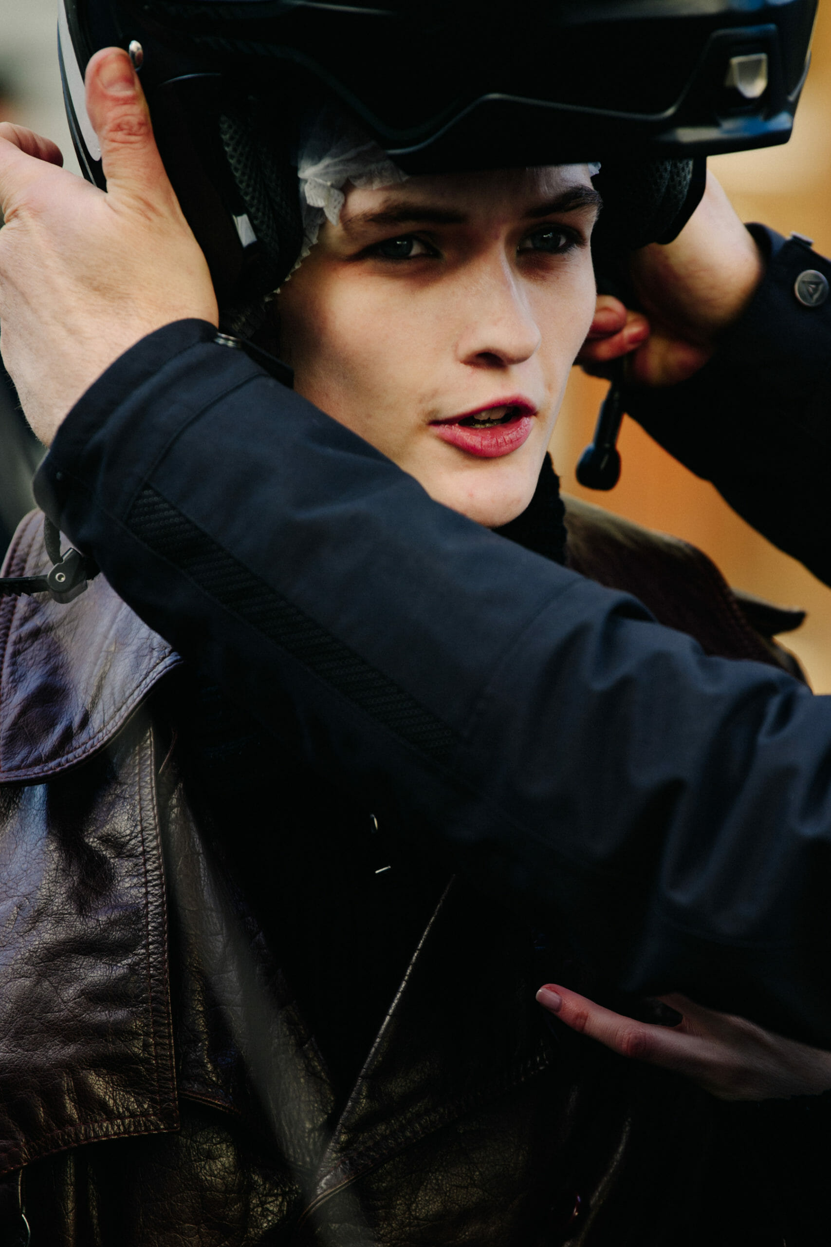 Model wearing helmet