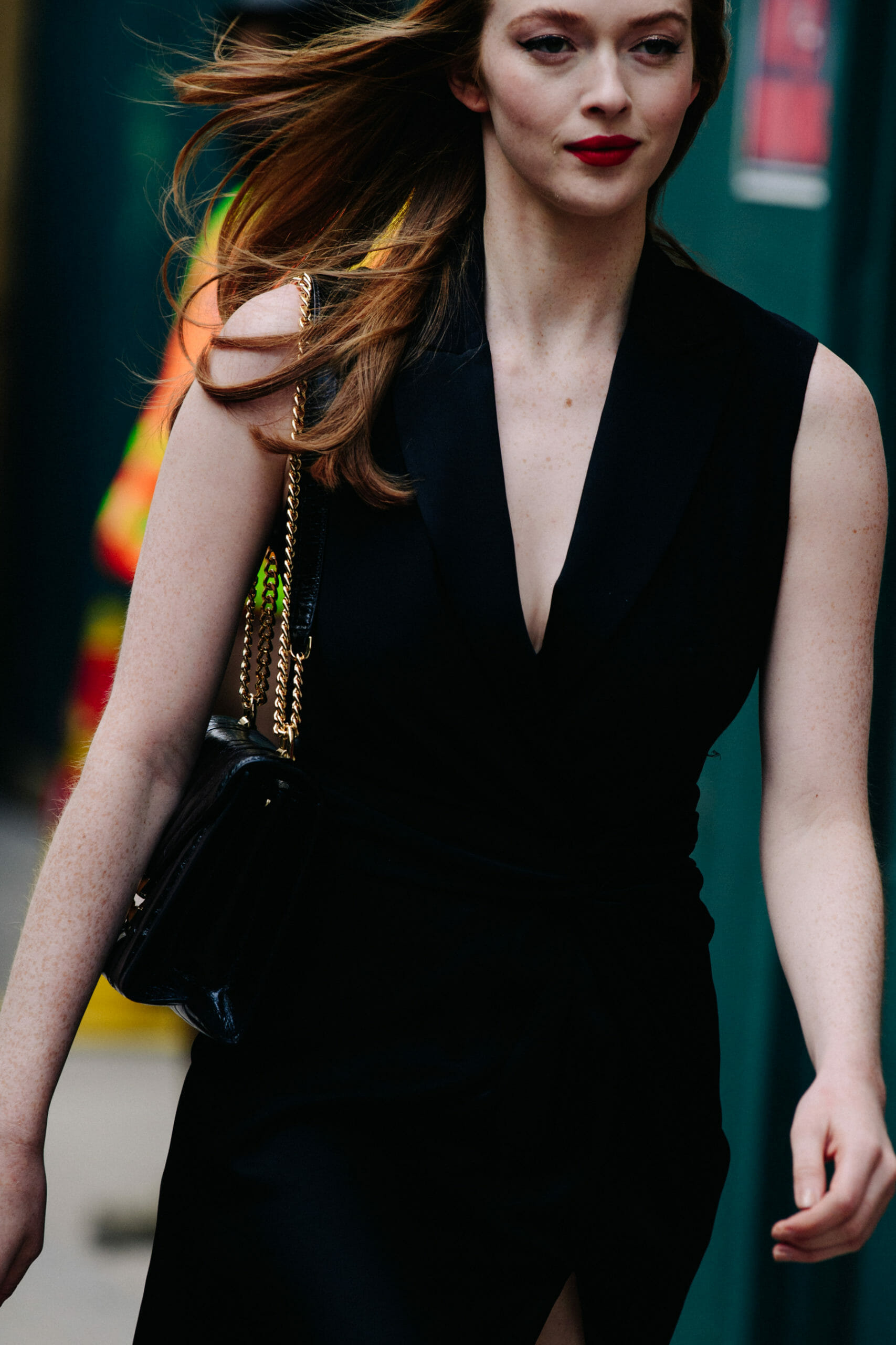 Woman wearing black dress