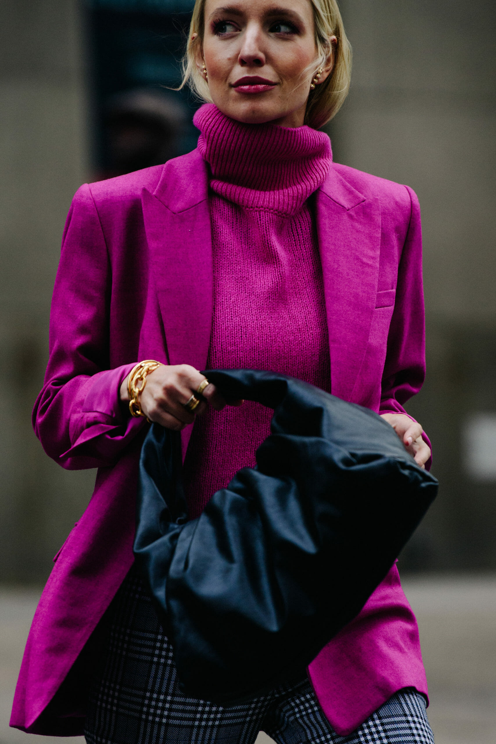 Woman wearing purple outfit